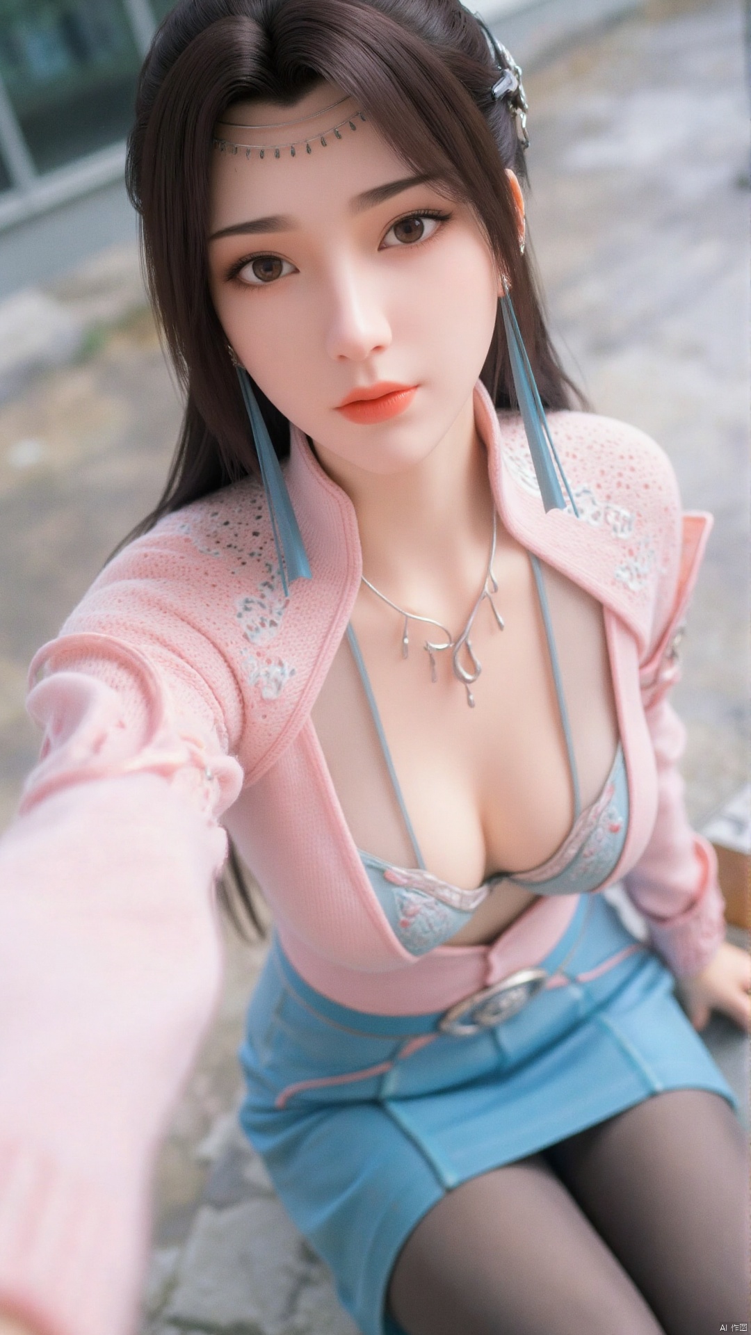 Masterpiece, best quality, high quality, (colorful), small chest, (white hair: 1.4), (long legs: 1.3), (thin legs: 1.3), Masterpiece, best quality, high quality, (colorful), small chest, (white hair: 1.4), (long legs: 1.3), (thin legs: 1.3), 1girl, bangs, blue_skirt, blurry, blurry_background, blurry_foreground, blush, book, breasts, brown_eyes, brown_hair, closed_mouth, collarbone, depth_of_field, eyebrows_visible_through_hair, long_sleeves, looking_at_viewer, mole, mole_under_eye, outstretched_arm, pink_sweater, selfie, skirt, smile, solo, sweater, thighhighs