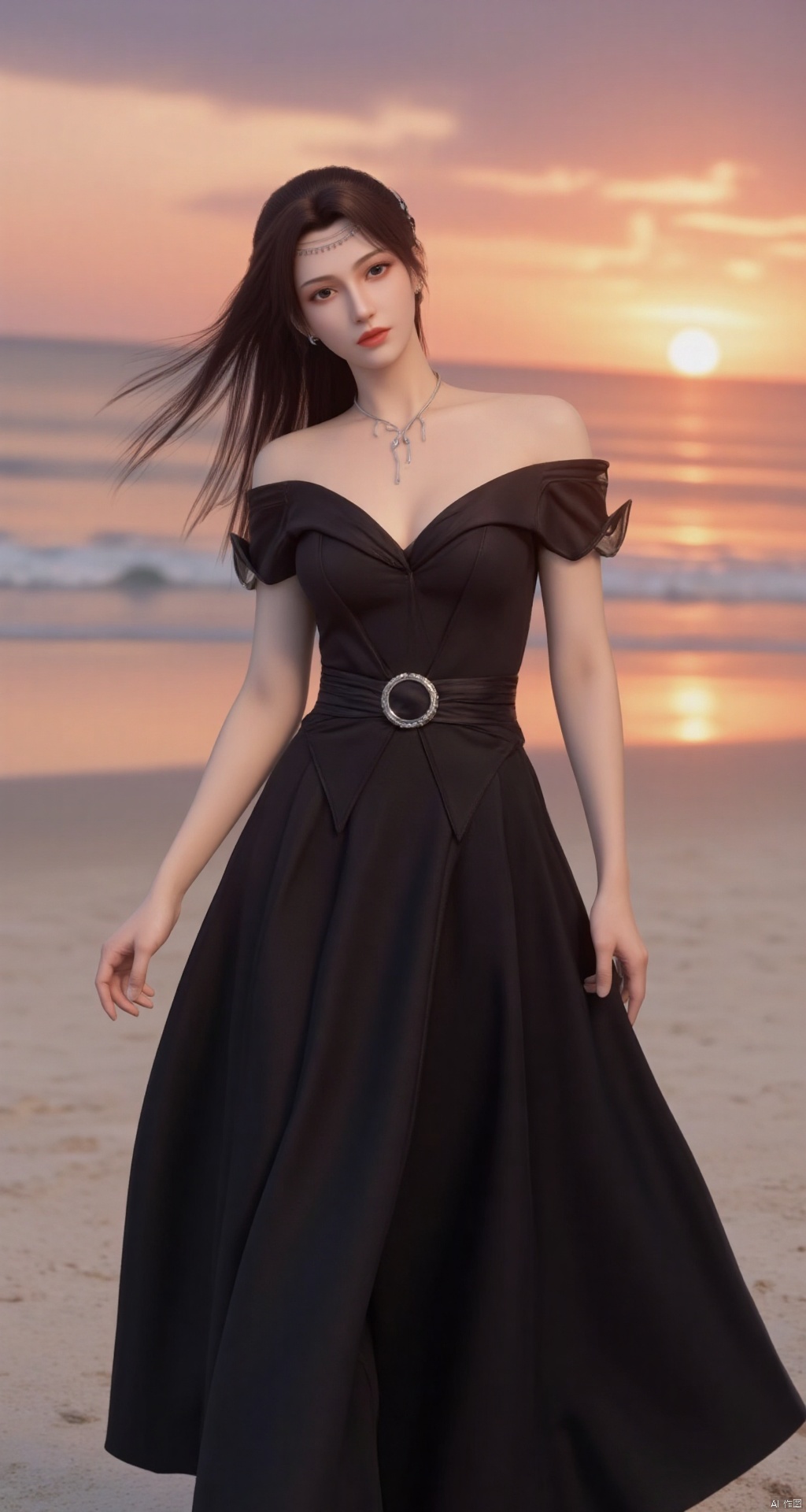 In a black off-shoulder dress, the beauty is walking on the beach, with the sea breeze gently blowing her skirt and hair, and the gorgeous sunset on the horizon.
