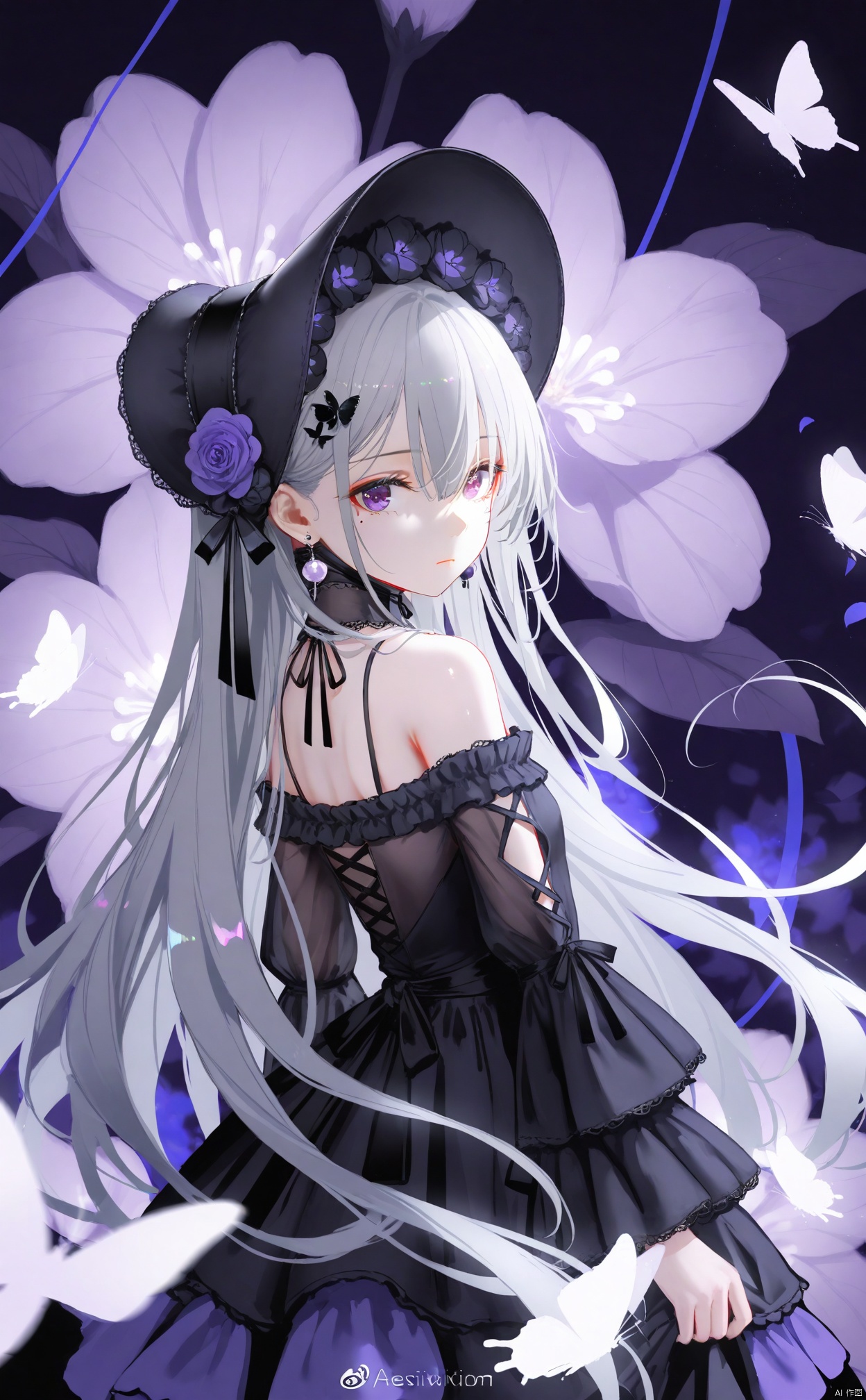 masterpiece,best quality,high quality,loli,overexposure,chromatic_aberration,light,fair_skin,
//,
1girl, butterfly, solo, bug, dress, purple eyes, looking at viewer, long hair, black dress, grey hair, jewelry, flower, gothic lolita, looking back, lolita fashion, bare shoulders, earrings, mole under eye, black headwear, hair ornament, mole, from behind, closed mouth, bonnet, hair between eyes, detached sleeves, expressionless, frills, off-shoulder dress, purple theme, long sleeves, frilled dress, off shoulder
//,
very aesthetic,absurdres,newest,masterpiece,safe,amazing quality,(aestivation:2.4),(nasii:0.4),(toosaka asagi:0.4),(atdan:0.4),(iumu:0.72),(wlop:0.72),96YOTTEA,Konya Karasue,omone_hokoma_agm,
//,
official art,depth of field,detailed light,blurry background,best shadow,shiny skin,cinematic lighting,ray tracing,
amazing quality,very aesthetic,absurdres,beast quality,ultra detailed,newest,8K,HDR