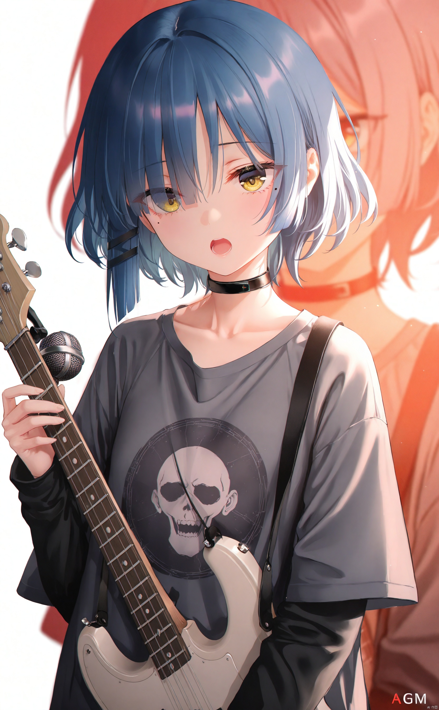 masterpiece,best quality,high quality,loli,overexposure,chromatic_aberration,light,fair_skin,
//,
yamada ryo,1girl,blue hair,bass guitar,microphone stand,instrument,solo,microphone,yellow eyes,shirt,short hair,white background,music,mole,simple background,holding instrument,mole under eye,holding,hair ornament,black shirt,long sleeves,eyes visible through hair,grey shirt,t-shirt,guitar,hairclip,upper body,collarbone,layered sleeves,open mouth,short sleeves,playing instrument,short over long sleeves,singing,
//,
very aesthetic,absurdres,newest,masterpiece,safe,amazing quality,(aestivation:2.4),(nasii:0.4),(toosaka asagi:0.4),(atdan:0.4),(iumu:0.72),(wlop:0.72),96YOTTEA,Konya Karasue,omone_hokoma_agm,
//,
official art,depth of field,detailed light,blurry background,best shadow,shiny skin,cinematic lighting,ray tracing,
amazing quality,very aesthetic,absurdres,beast quality,ultra detailed,newest,8K,HDR,