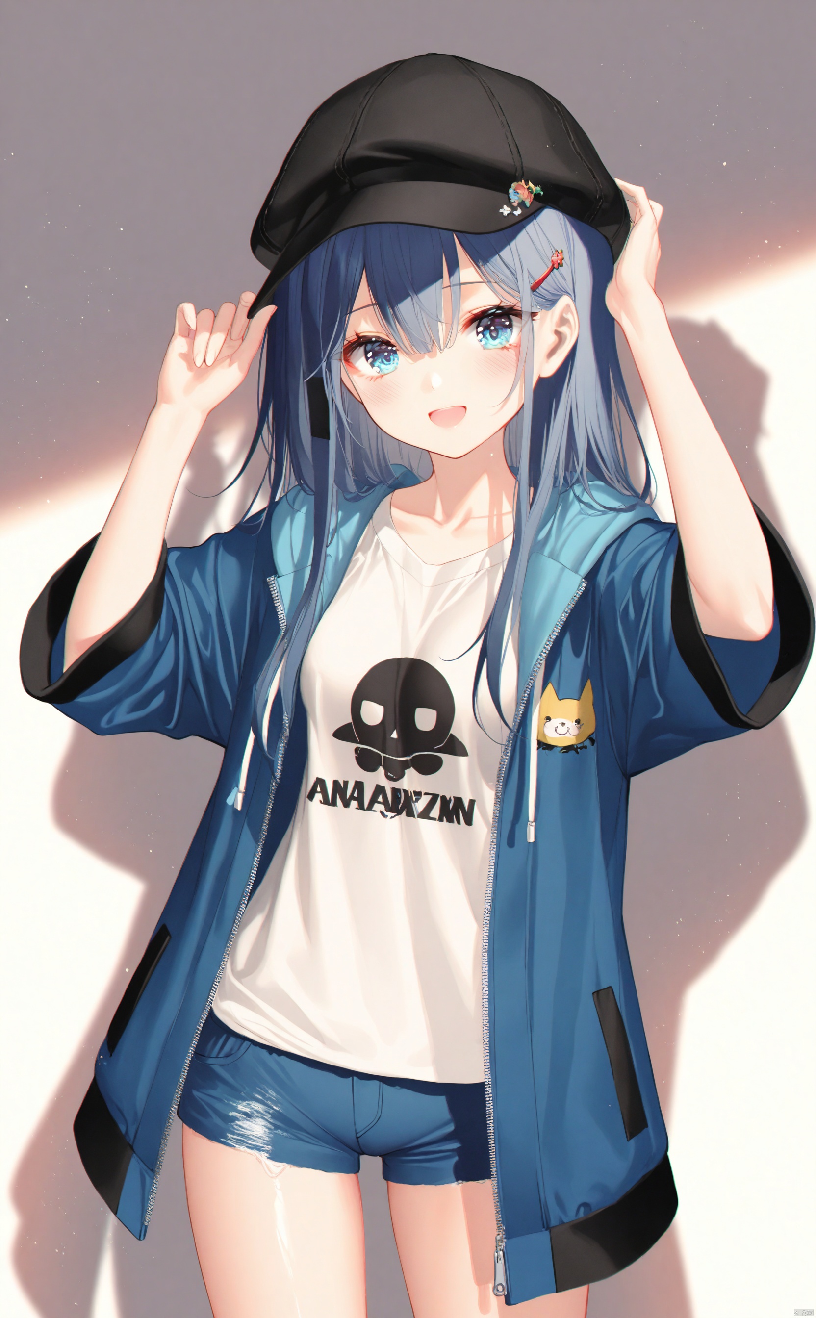 masterpiece,best quality,high quality,loli,overexposure,chromatic_aberration,light,fair_skin, 
//, 
1girl, solo, blue eyes, blue hair, hat, shorts, long hair, jacket, smile, shirt, white background, black headwear, white shirt, hair ornament, looking at viewer, hairclip, simple background, blue jacket, open jacket, open clothes, blush, short shorts, open mouth, breasts, :d, long sleeves, blue shorts, cowboy shot, medium breasts, hair between eyes, short sleeves, hand on headwear, clothes writing, collarbone, arm up, hood,
 //, 
(chen bin:0.5),konya666,(hiten \(hitenkei\):0.4),(rimuu:0.5),(mignon:0.5),(sheya:0.6),[iumu],
 //, 
official art,depth of field,detailed light,blurry background,best shadow,shiny skin,cinematic lighting,ray tracing, amazing quality,very aesthetic,absurdres,beast quality,ultra detailed,newest,8K,HDR,