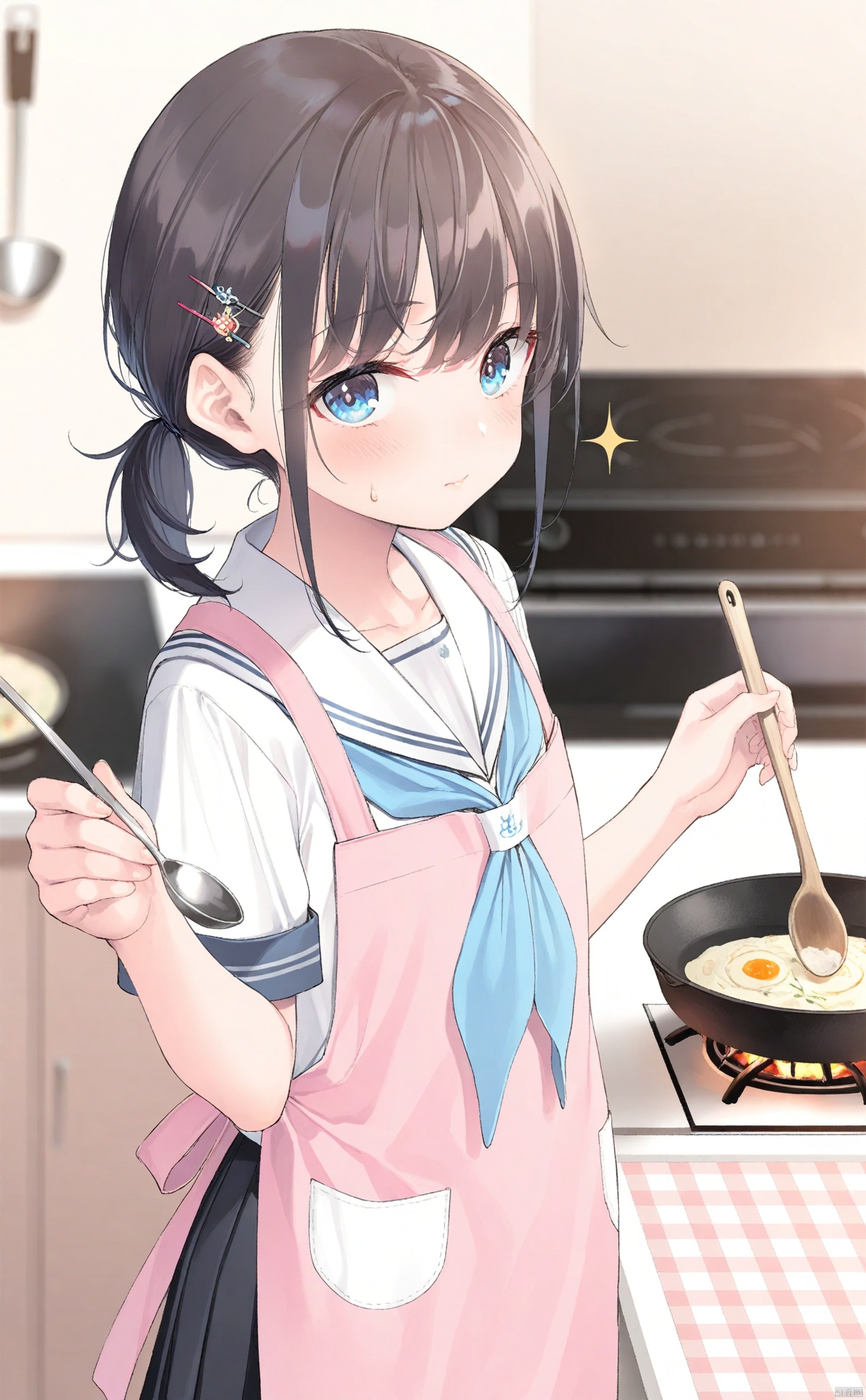 masterpiece,best quality,high quality,loli,1girl,solo,spoon,apron,black hair,holding spoon,school uniform,sailor collar,blue eyes,blush,blurry background,hair ornament,holding,serafuku,food,looking at viewer,white sailor collar,frills,hairclip,blue neckerchief,blurry,indoors,kitchen,cooking,pink apron,closed mouth,skirt,short sleeves,pleated skirt,neckerchief,sidelocks,short ponytail,ponytail,sweatdrop,collarbone,shirt,white shirt,stove,sparkle,frying pan,medium hair,cooking pot,hands up,black skirt,ladle,