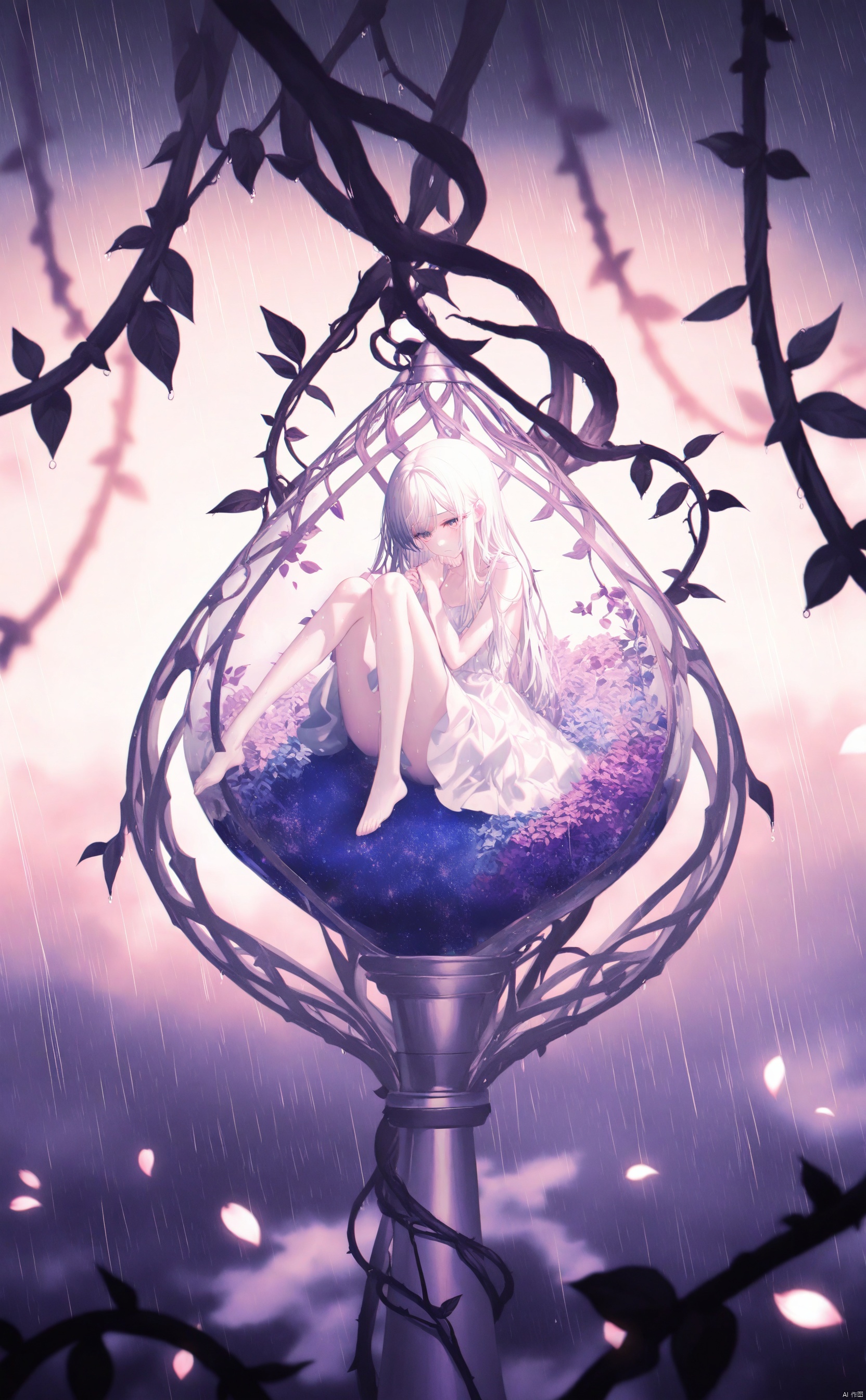 masterpiece,best quality,high quality,loli,overexposure,chromatic_aberration,light,fair_skin, 
//, 
 ,  (colorful),loli, white background, Dundar effect, a lot of purple vines, vines covering half of the painting, delicate plant details, a girl, girl, petite girl, long white hair, golden pupils, white dress, bare feet, side, side, upper body, head up, sad eyes, rain, light, figure light, petals, purple filter, left, fog, dream, unreal, Blur, float light,
 //, 
(chen bin:0.5),konya666,(hiten \(hitenkei\):0.4),(rimuu:0.5),(mignon:0.5),(sheya:0.6),[iumu],
 //, 
official art,depth of field,detailed light,blurry background,best shadow,shiny skin,cinematic lighting,ray tracing, amazing quality,very aesthetic,absurdres,beast quality,ultra detailed,newest,8K,HDR,