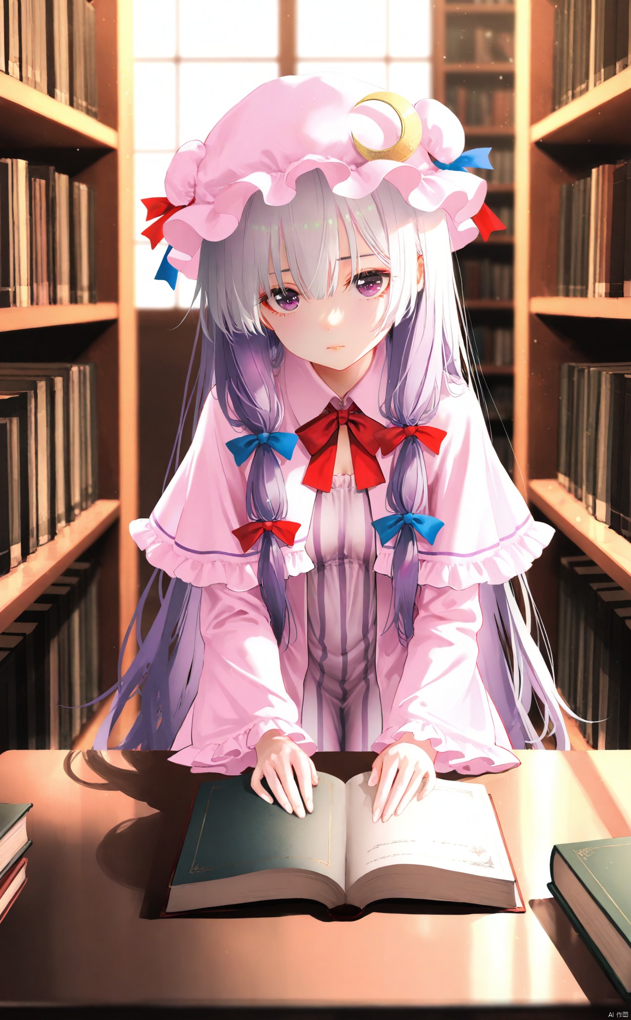 masterpiece,best quality,high quality,loli,loli,loli,overexposure,chromatic_aberration,light,fair_skin,white_background,
//,
patchouli knowledge,1girl,hat,solo,purple hair,long hair,crescent,mob cap,crescent hat ornament,dress,hat ornament,purple eyes,bow,long sleeves,red bow,capelet,book,blue bow,hair bow,striped dress,hair between eyes,looking at viewer,closed mouth,bowtie,library,frills,bookshelf,pink dress,
//,
very aesthetic,absurdres,newest,masterpiece,safe,amazing quality,(nasii:0.4),(toosaka asagi:0.4),(atdan:0.4),(iumu:0.72),(wlop:0.72),96YOTTEA,Konya Karasue,omone_hokoma_agm,
//,
official art,depth of field,detailed light,blurry background,best shadow,shiny skin,cinematic lighting,ray tracing,
amazing quality,very aesthetic,absurdres,beast quality,ultra detailed,newest,8K,HDR,,white hair,