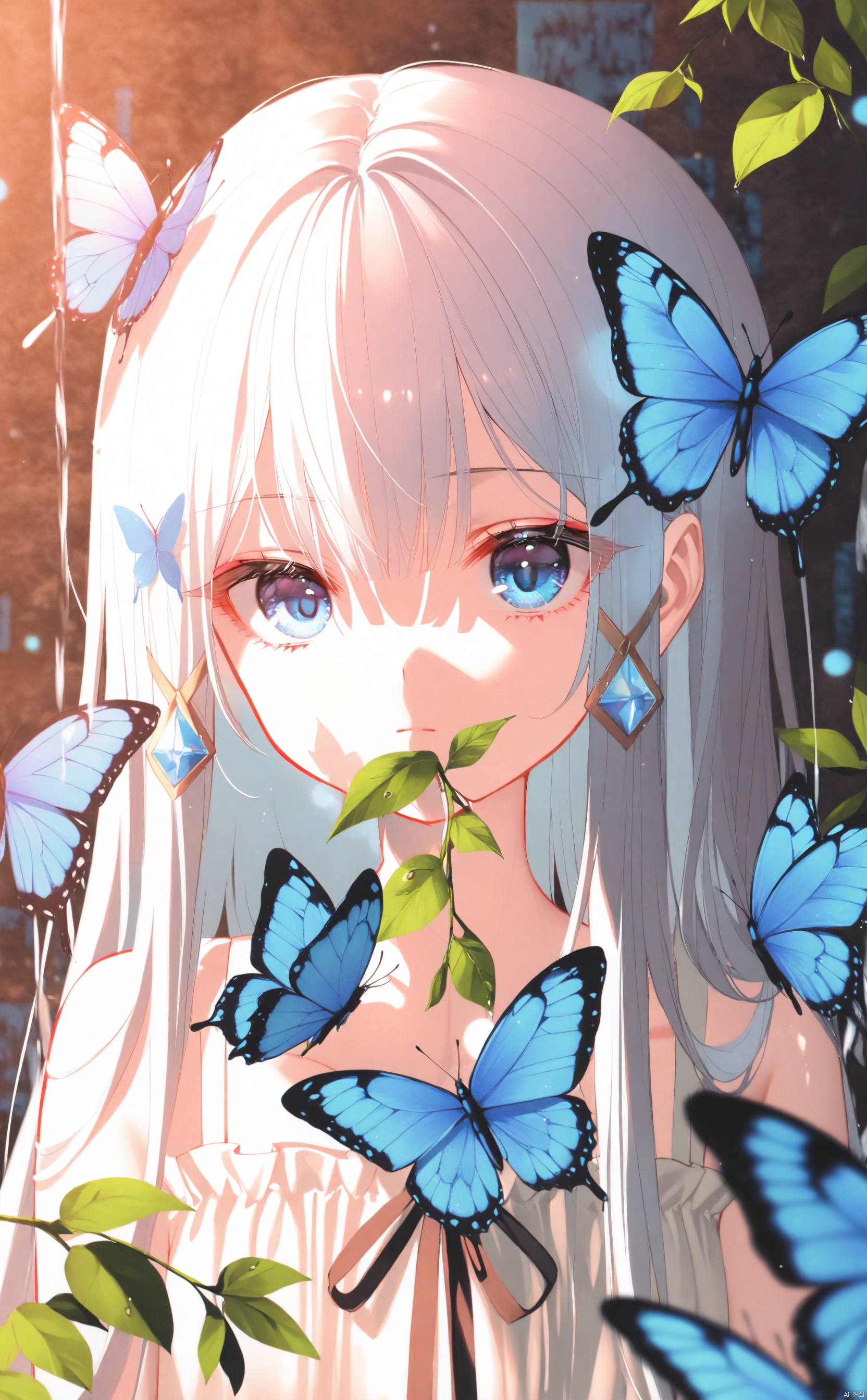 masterpiece,best quality,high quality,loli,overexposure,chromatic_aberration,light,fair_skin, 
//, 
 , (colorful), petite,loli,This is a masterpiece that exudes exceptional quality. The illustration is ultra-detailed, utilizing HDR technology to create a sense of depth. The subject matter is an original, delicate, and beautiful artwork, vibrant with color and filled with fantastical elements. The girl is sitting by a deep sea, surrounded by flowing water, with a dull blue World Tree in the background, situated in a cemetery. The serene and dreamy atmosphere gives the entire scene a soulful and enchanting quality. Her pale complexion, azure blue eyes that glow, and silver hair adorned with flowers create a captivating portrait. She wears a Lolita-inspired fashion, expressionless with her mouth closed. The backgrounds range from white, transparent, circular options, and there are also flying translucent blue butterflies that add a sense of liveliness to the piece.,
 //, 
(chen bin:0.5),konya666,(hiten \(hitenkei\):0.4),(rimuu:0.5),(mignon:0.5),(sheya:0.6),[iumu],
 //, 
official art,depth of field,detailed light,blurry background,best shadow,shiny skin,cinematic lighting,ray tracing, amazing quality,very aesthetic,absurdres,beast quality,ultra detailed,newest,8K,HDR,