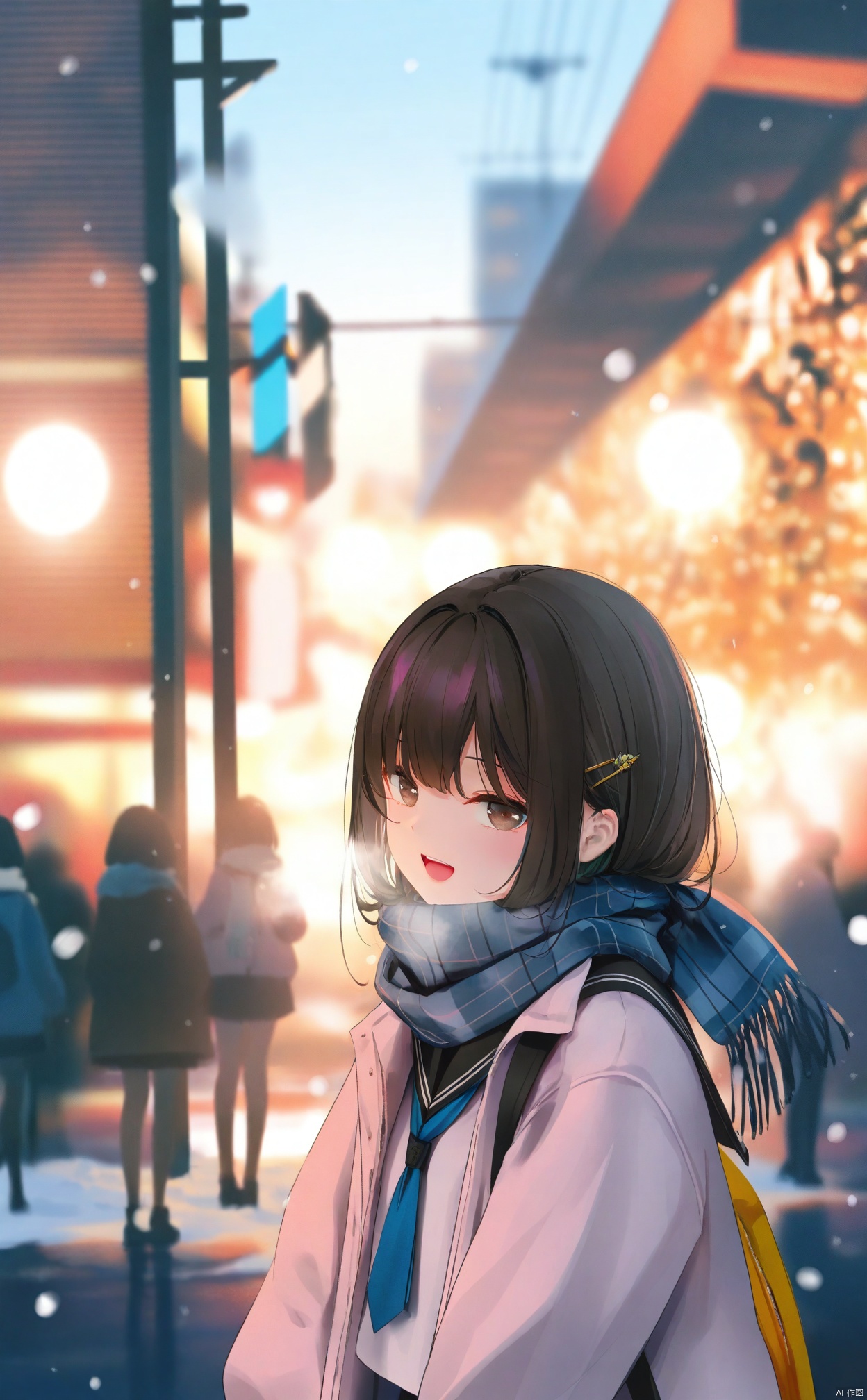 masterpiece,best quality,high quality,loli,loli,loli,
 1girl, black hair, scarf, brown eyes, blue scarf, hairclip, blush, outdoors, hair ornament, black sailor collar, sailor collar, plaid, \:d, smile, teeth, looking at viewer, plaid scarf, blurry background, upper teeth only, long sleeves, school uniform, blurry, puffy long sleeves, fringe trim, breath, serafuku, open mouth, puffy sleeves, depth of field, shirt, solo, blue necktie, solo focus, striped clothes, jacket, enpera, snow, day,
//,
(Artist chen bin:1.5),(Artist agwing86:1.3),(Artist aki99:0.5),(Artist z282g:0.9),artist:wanke,(artist:ke-ta:0.6),[Artist:wlop],(Artist wsman:0.6),(fkey:0.5),(hiten \(hitenkei\):0.6),omone_hokoma_agm,Artist amashiro natsuki,
//,
official art,depth of field,high contrast,colorful,detailed light,light leaks,beautiful detailed glow,best shadow,shiny skin,cinematic lighting,ray tracing,
best quality,amazing quality,very aesthetic,absurdres,beast quality,masterpiece,ultra detailed,newest,8K,HDR,