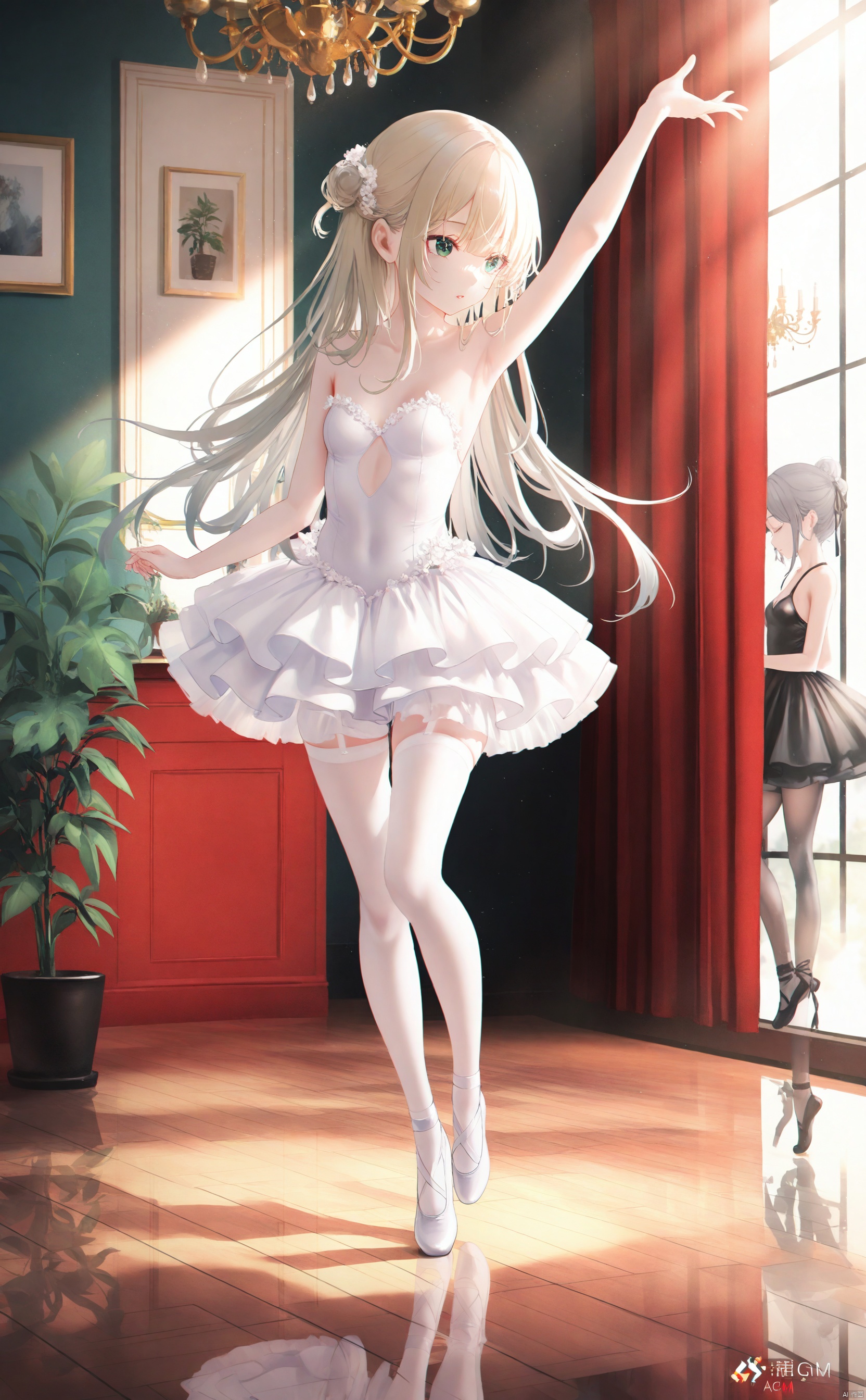 asterpiece,best quality,high quality,loli,overexposure,chromatic_aberration,light,fair_skin, //, multiple girls, 2girls, ballerina, dancing, ballet, ballet slippers, curtains, indoors, blonde hair, window, tiptoes, plant, tutu, potted plant, leotard peek, leotard, pantyhose, reflection, grey hair, long hair, standing on one leg, standing, breasts, plantar flexion, reflective floor, balancing, wooden floor, sunlight, arm up, day, white leotard, chandelier, thighhighs, bare shoulders, strapless, leg up, dress, //, very aesthetic,absurdres,newest,masterpiece,safe,amazing quality,(nasii:0.4),(toosaka asagi:0.4),(atdan:0.4),(iumu:0.72),(wlop:0.72),96YOTTEA,Konya Karasue,omone_hokoma_agm, //, official art,depth of field,detailed light,blurry background,best shadow,shiny skin,cinematic lighting,ray tracing, amazing quality,very aesthetic,absurdres,beast quality,ultra detailed,newest,8K,HDR,