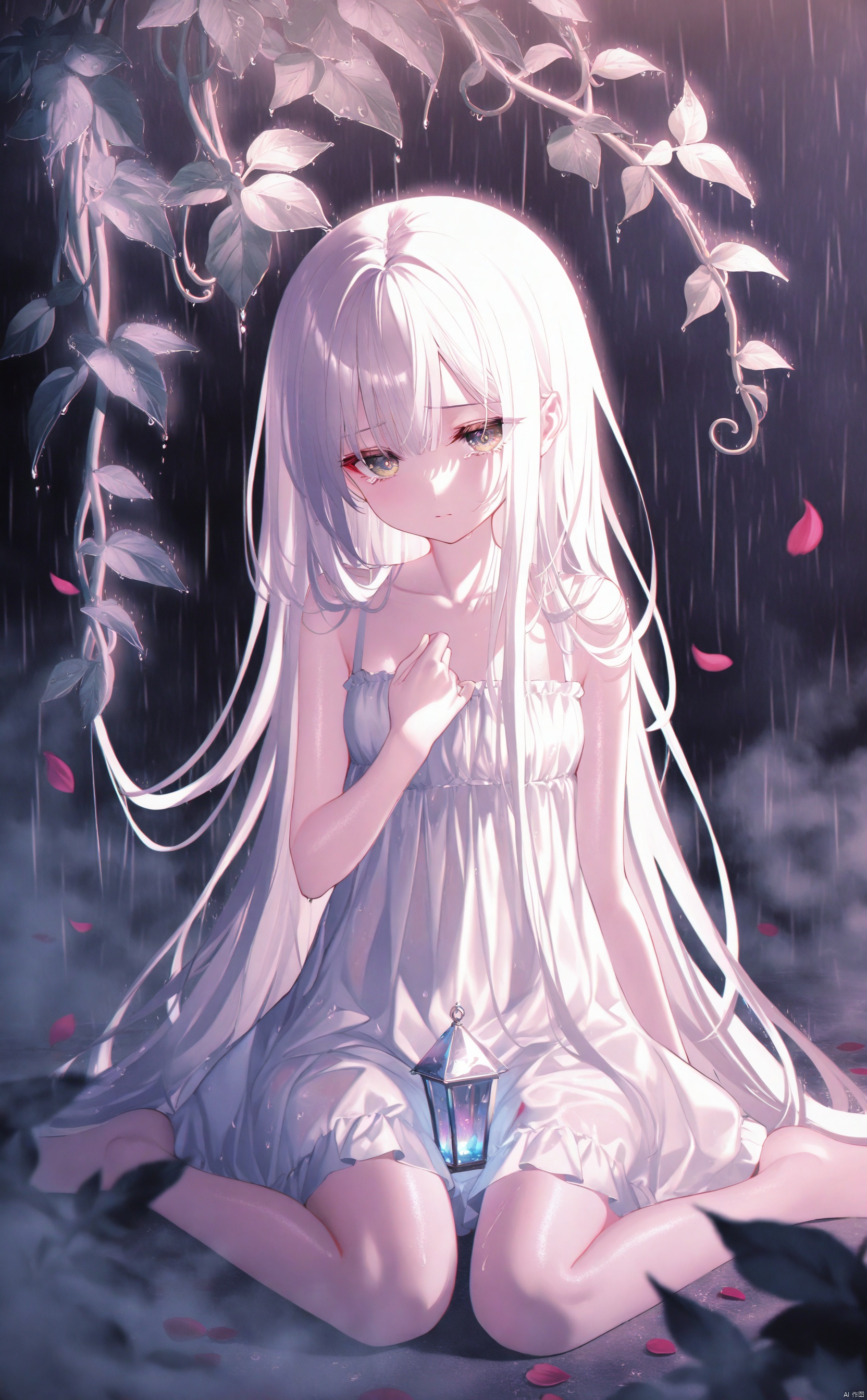 masterpiece,best quality,high quality,loli,overexposure,chromatic_aberration,light,fair_skin, 
//, 
 ,  (colorful),loli, white background, Dundar effect, a lot of purple vines, vines covering half of the painting, delicate plant details, a girl, girl, petite girl, long white hair, golden pupils, white dress, bare feet, side, side, upper body, head up, sad eyes, rain, light, figure light, petals, purple filter, left, fog, dream, unreal, Blur, float light,
 //, 
(chen bin:0.5),konya666,(hiten \(hitenkei\):0.4),(rimuu:0.5),(mignon:0.5),(sheya:0.6),[iumu],
 //, 
official art,depth of field,detailed light,blurry background,best shadow,shiny skin,cinematic lighting,ray tracing, amazing quality,very aesthetic,absurdres,beast quality,ultra detailed,newest,8K,HDR,