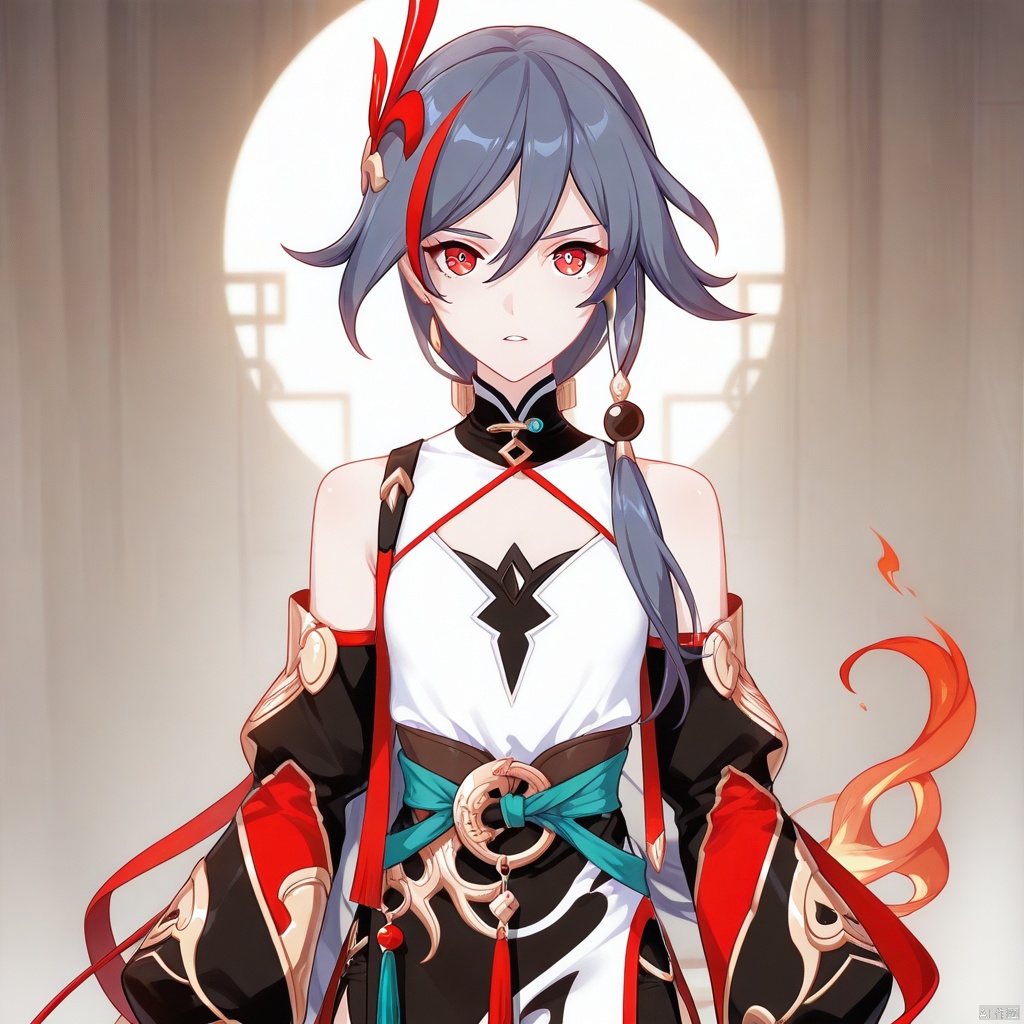 fu_hua,messy hair,jewelry,eyelashes,bangs,streaked hair,fiery hair,hair between eyes,multicolored hair,hair ornament,pattern on hair,pupils,shaped pupils,