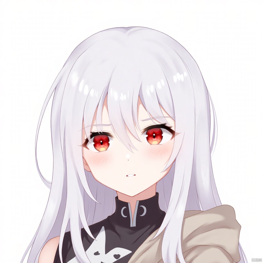 an anime girl,simple background,white hair and red eyes,upper body