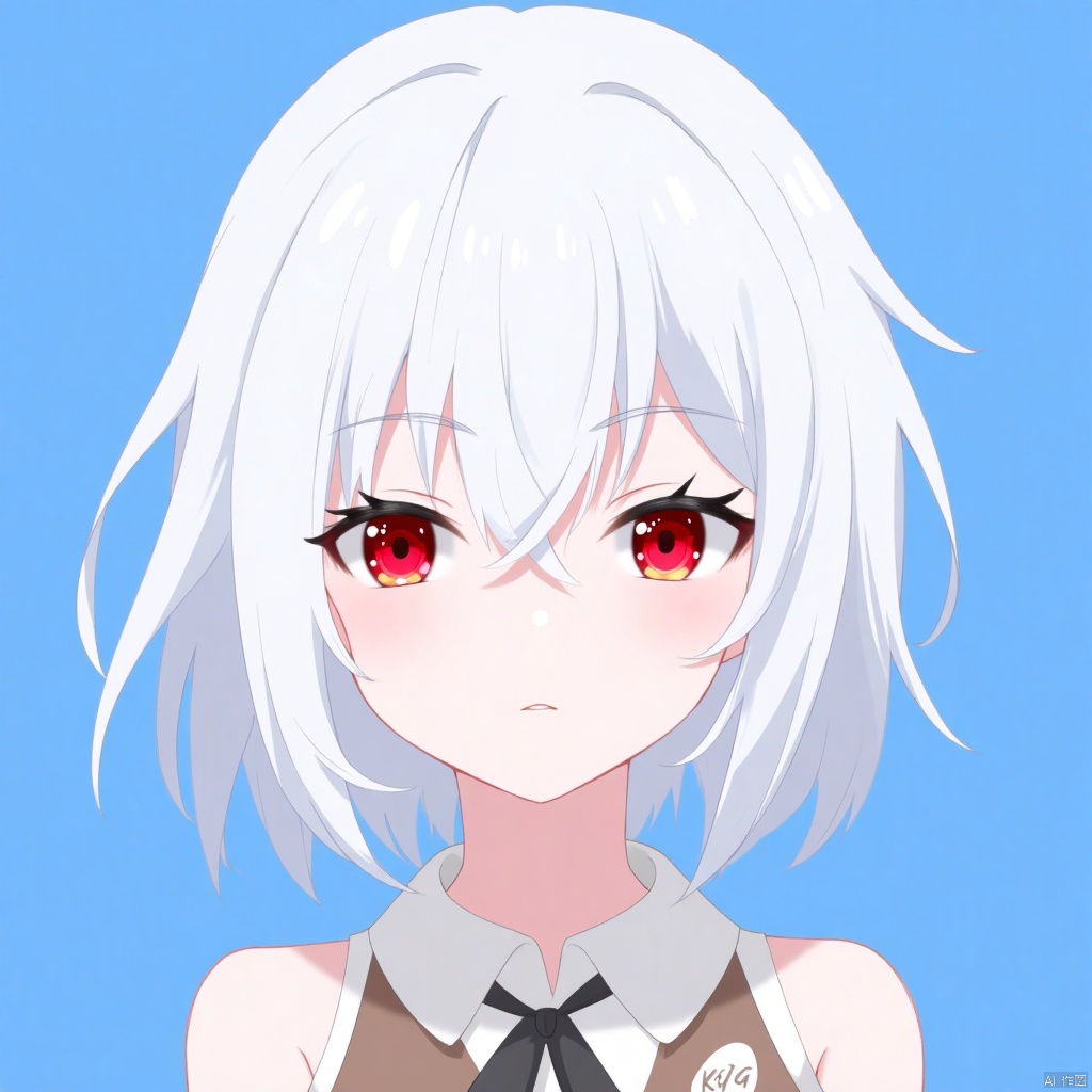 a head portrait of an anime girl,blue background,white hair and red eyes,upper body