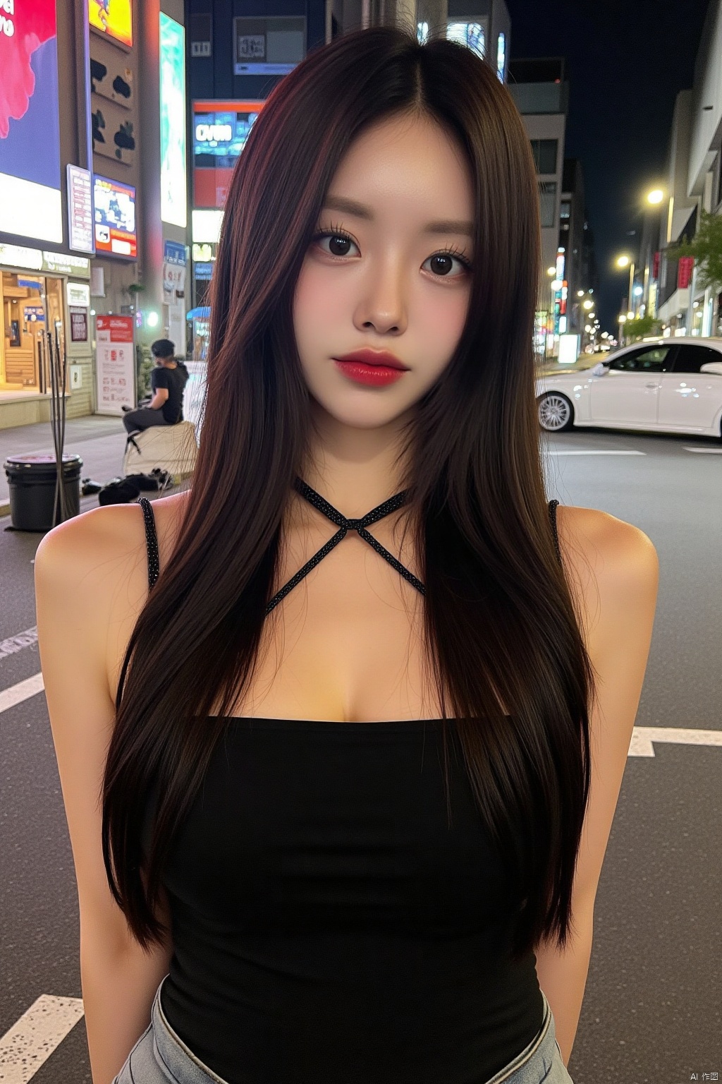 Captured at eye-level, a close-up shot of a young Asian woman stands on a city street at night. She is wearing a black halter top, a black chain necklace, and a pair of denim jeans. Her hair is long and cascades over her shoulders, framing her face. Her eyes are a deep brown, and her lips are a vibrant red, adding a pop of color to her lips. The backdrop of the scene is a cityscape, with a white car parked on the right side of the street.