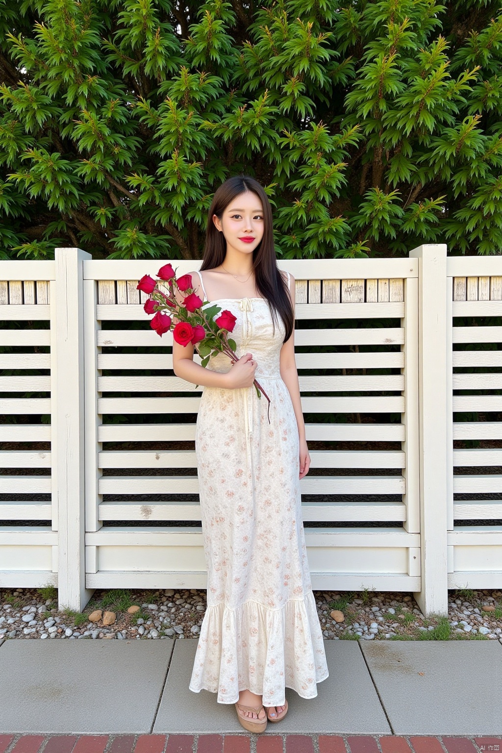 Captured at eye-level, a medium-sized Asian woman stands on a paved sidewalk, dressed in a white sleeveless dress adorned with a floral pattern, holding a bouquet of red roses in her left hand. The woman's hair is styled in a sleek bob, with bangs and a slight smile on her face. She is standing in front of a white picket fence, which is adorned with wooden slats. The fence is set against a backdrop of lush green foliage, adding a touch of nature to the scene.