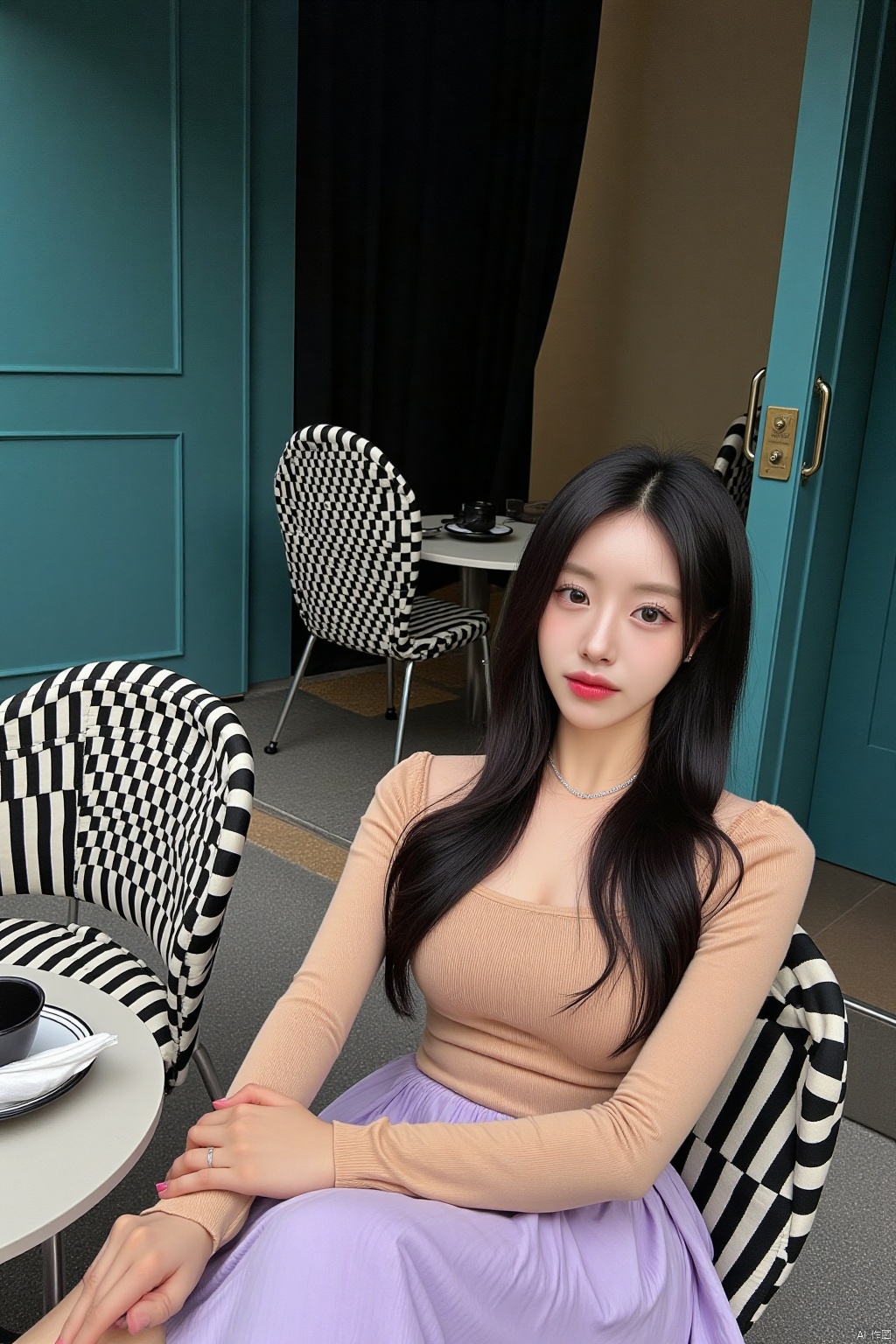 a young Asian woman with long black hair, wearing a tan long-sleeved t-shirt and a light purple skirt, is seated on a black and white striped chair. She is facing the left side of the frame, her left hand resting on her hip. The chair is positioned in front of a teal-blue door, with a silver chain around her neck. To the left of the woman, a white table with a black saucer and a white napkin on it is positioned on the table. Behind her, another chair with a white and black checkered pattern is visible. In the background, a black wall can be seen.