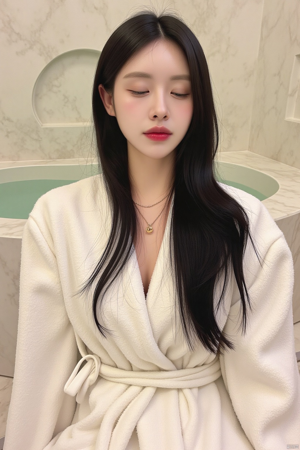 a woman with long black hair, wearing a white bathrobe, is seated in front of a bathtub. The bathtub is surrounded by a marble wall, adorned with a circular design. The woman's eyes are closed, and her lips are painted a deep red. She has a necklace around her neck, adding a touch of color to her outfit.