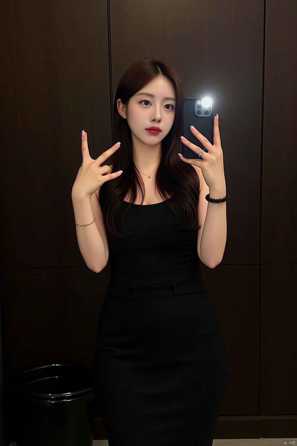 a medium-sized Asian woman stands in a black sleeveless dress, holding a black smartphone in her right hand. Her left hand is positioned in front of her face, adding a pop of color to the scene. Her right hand is adorned with a black bracelet, while her left hand holds a red lipstick. The backdrop is a dark wood paneled wall, and a black trash can is positioned to the left of the woman.
