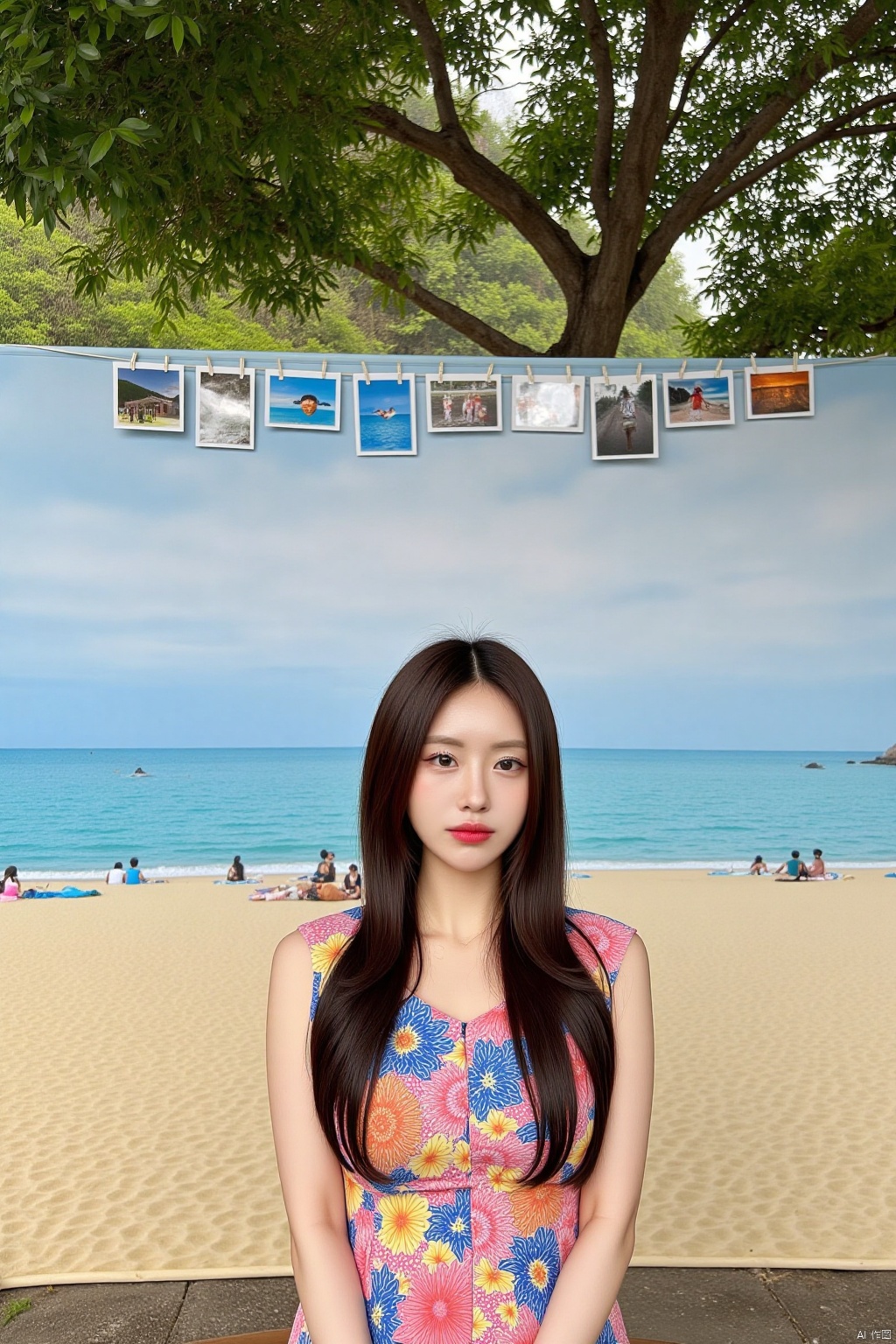 a woman with long brown hair stands in front of a backdrop of a beach scene. She is wearing a colorful sleeveless top with a floral pattern in shades of pink, blue, yellow, and orange. Her hair is pulled back in a ponytail, adding a touch of movement to her face. The backdrop is a sandy beach with a few people sitting on the sand, and a large body of water can be seen in the distance. Above her, a row of photographs hang from a tree branch, adding depth to the scene.