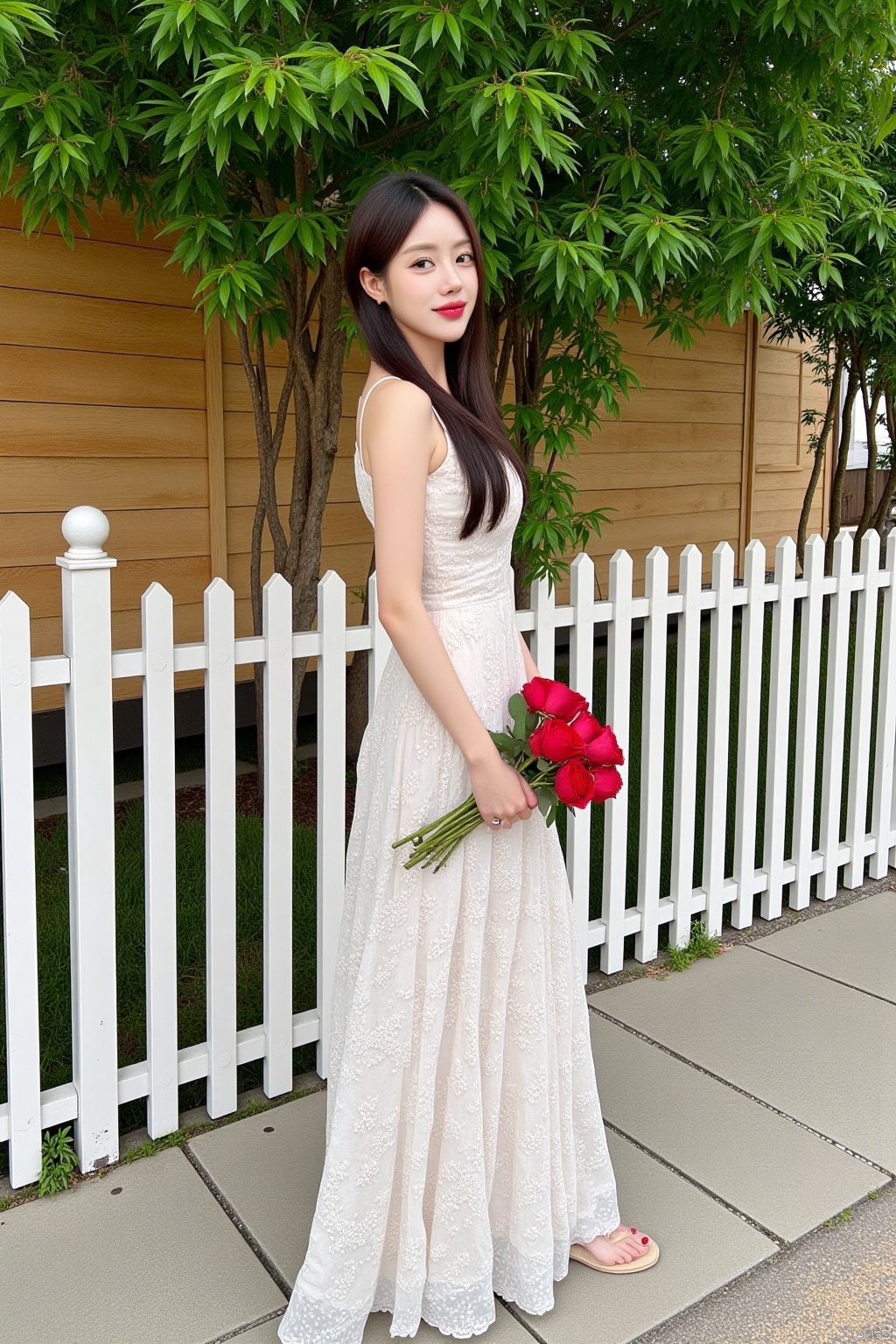 Captured at eye-level, a medium-sized Asian woman stands on a paved sidewalk, dressed in a white sleeveless dress adorned with a floral pattern, holding a bouquet of red roses in her left hand. The woman's hair is styled in a sleek bob, with bangs and a slight smile on her face. She is standing in front of a white picket fence, which is adorned with wooden slats. The fence is set against a backdrop of lush green foliage, adding a touch of nature to the scene.