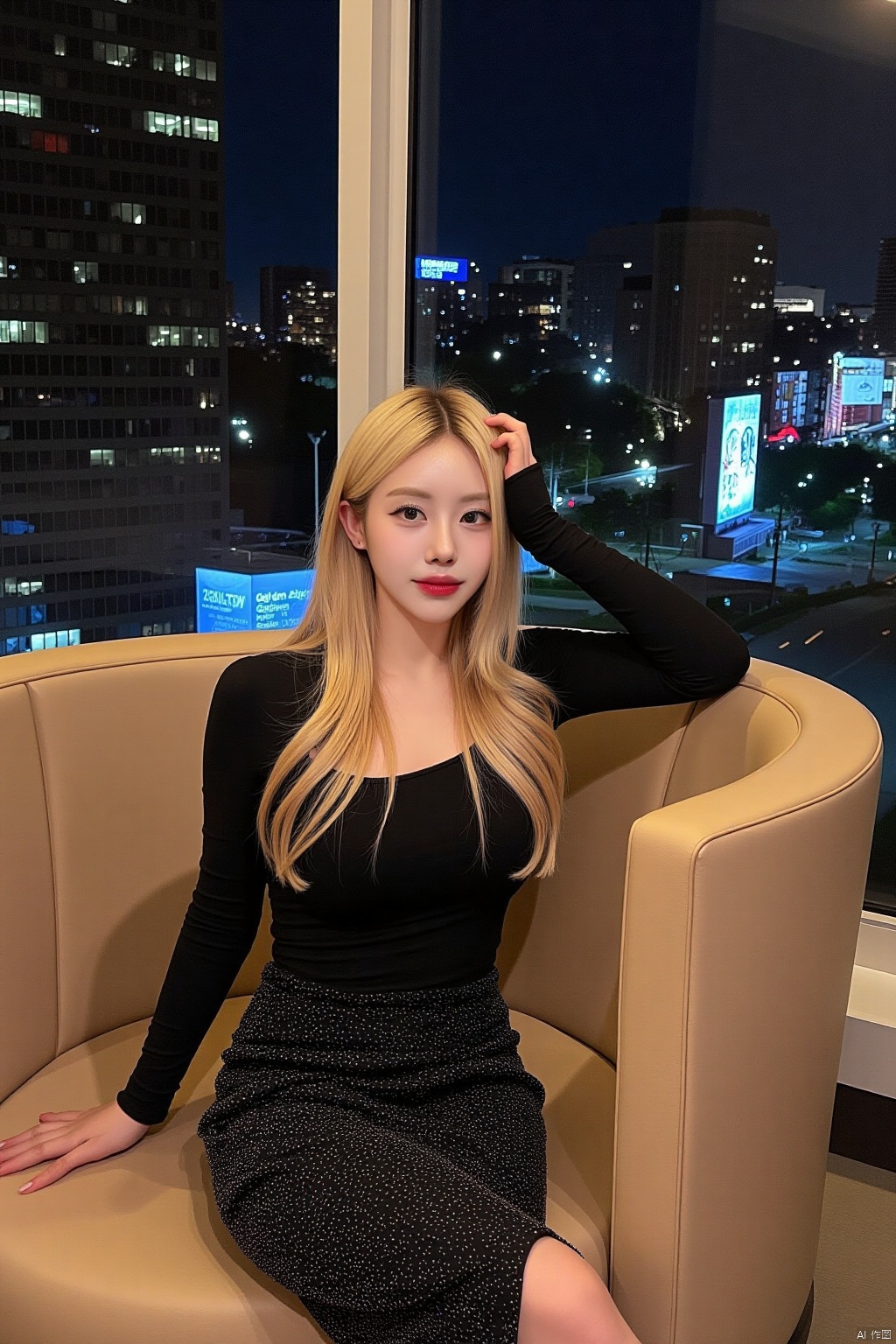a woman with long blonde hair, wearing a black long-sleeved blouse and a black skirt adorned with silver sequins. She is seated on a beige leather chair, her left arm resting on the armrest of the chair. The woman's right leg is slightly bent at the elbow, and her left hand is resting on her hip. The backdrop, a large window, reflects a cityscape of tall buildings, lights, and a blue sign.