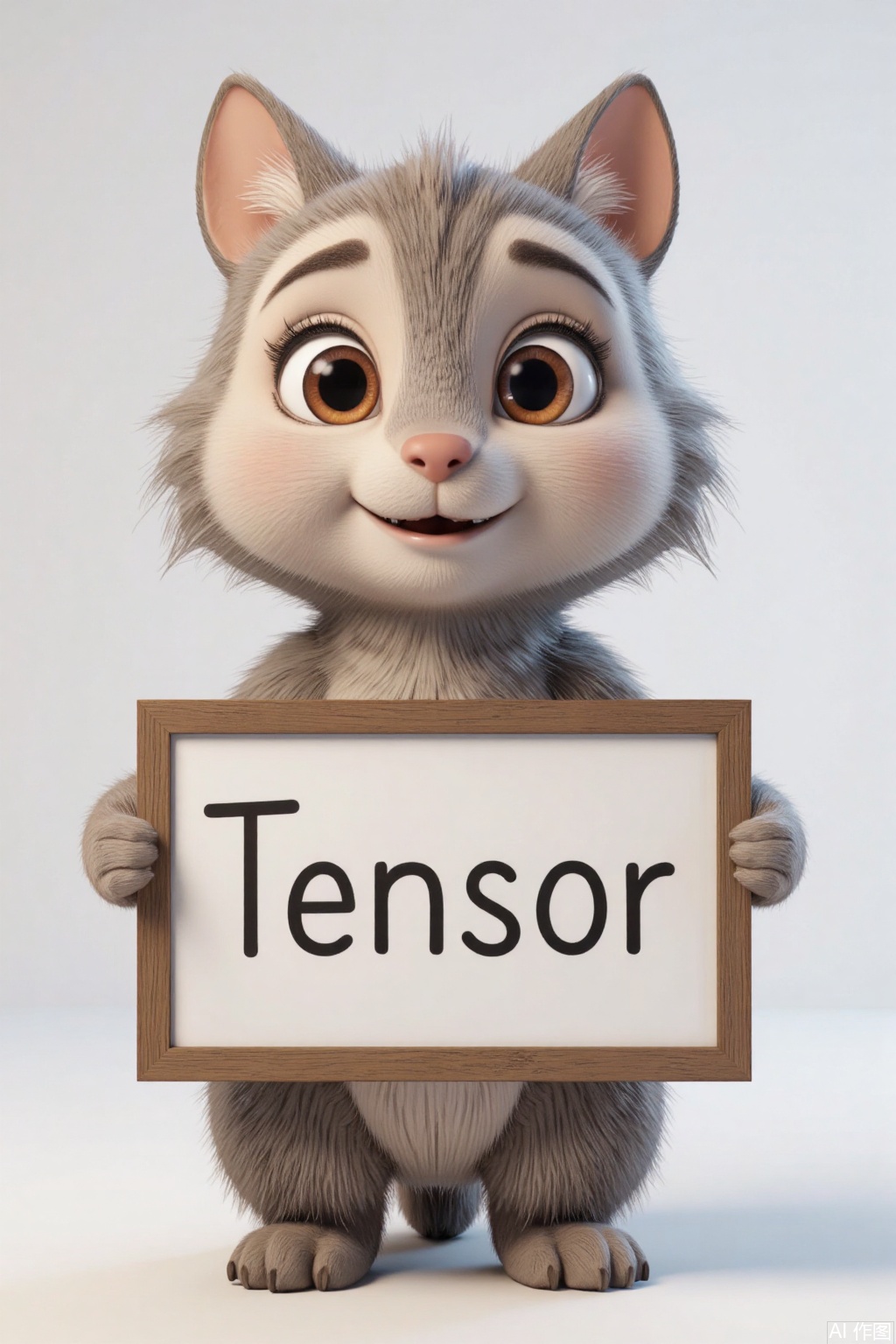 Ultra photoreal, Insane Details, 32K, Realistic, A cute animal holding a sign in her hand with the content saying "Tensor"