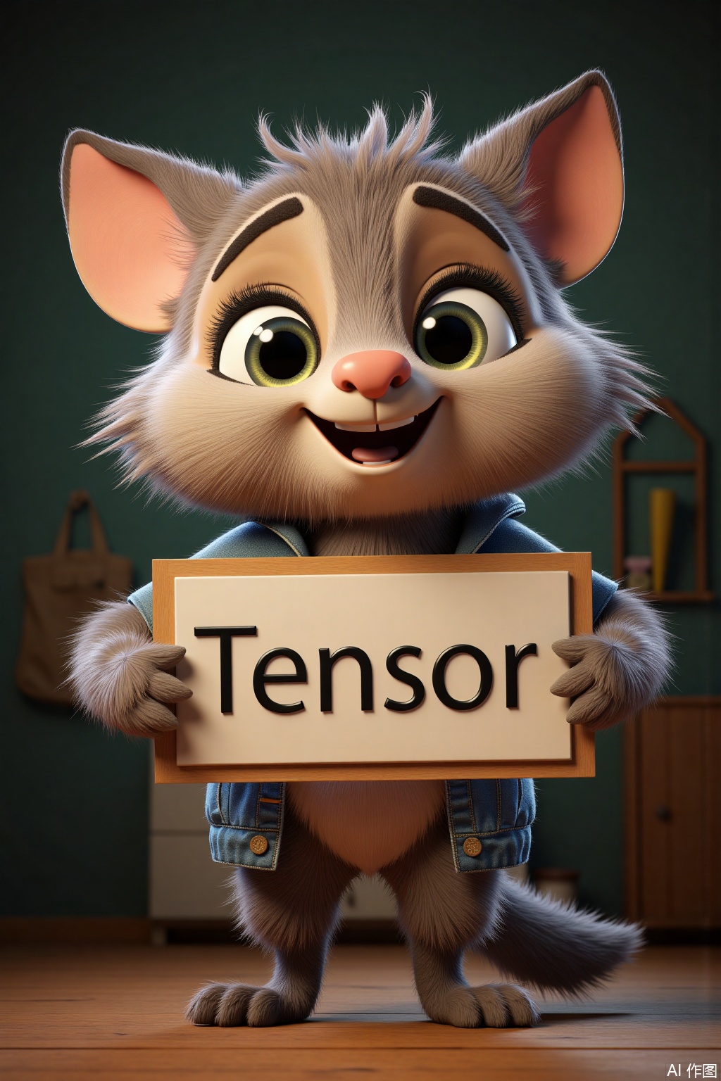 Ultra photoreal, Insane Details, 32K, Realistic, A cute animal holding a sign in her hand with the content saying "Tensor"