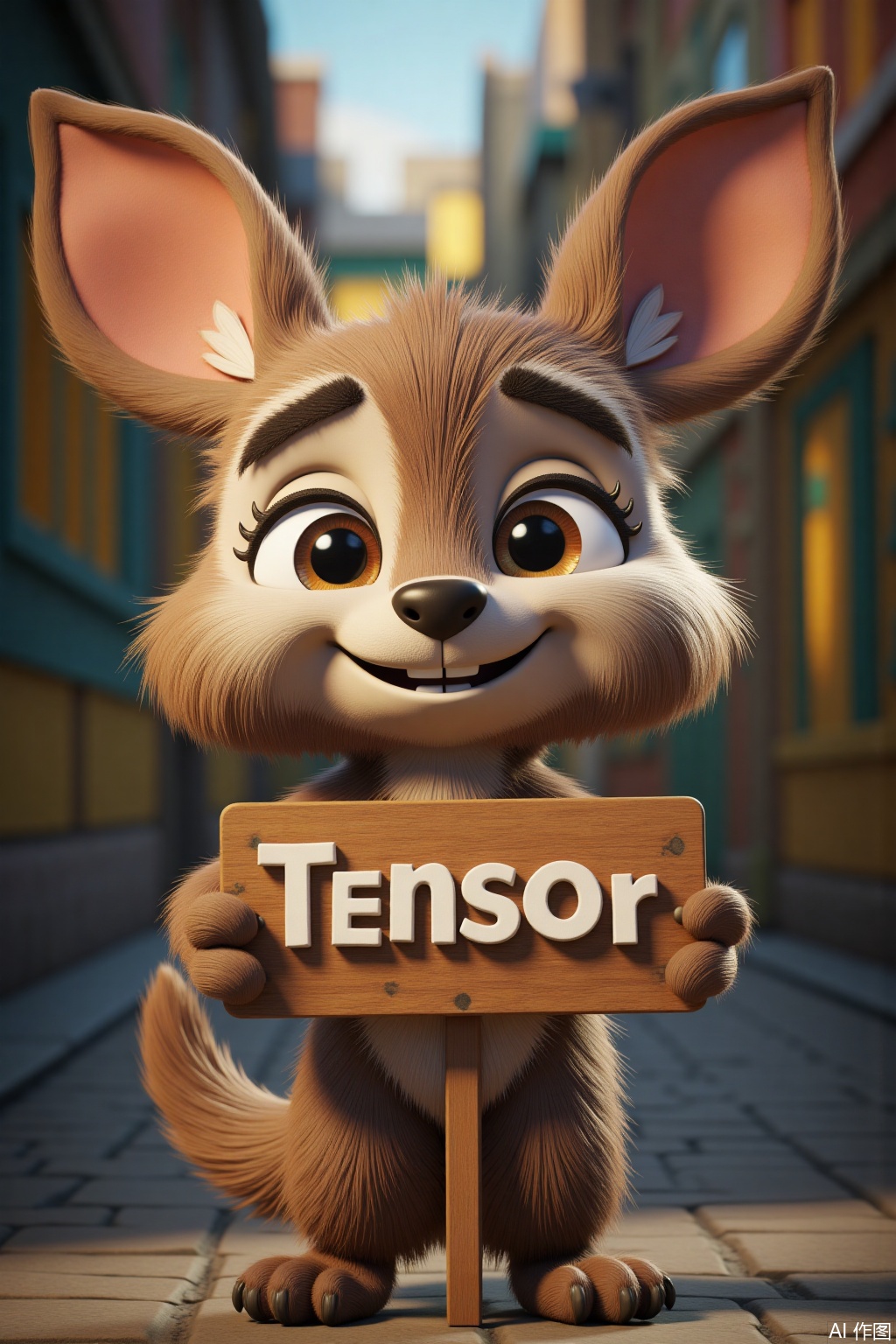 Ultra photoreal, Insane Details, 32K, Realistic, A cute animal holding a sign in her hand with the content saying "Tensor"