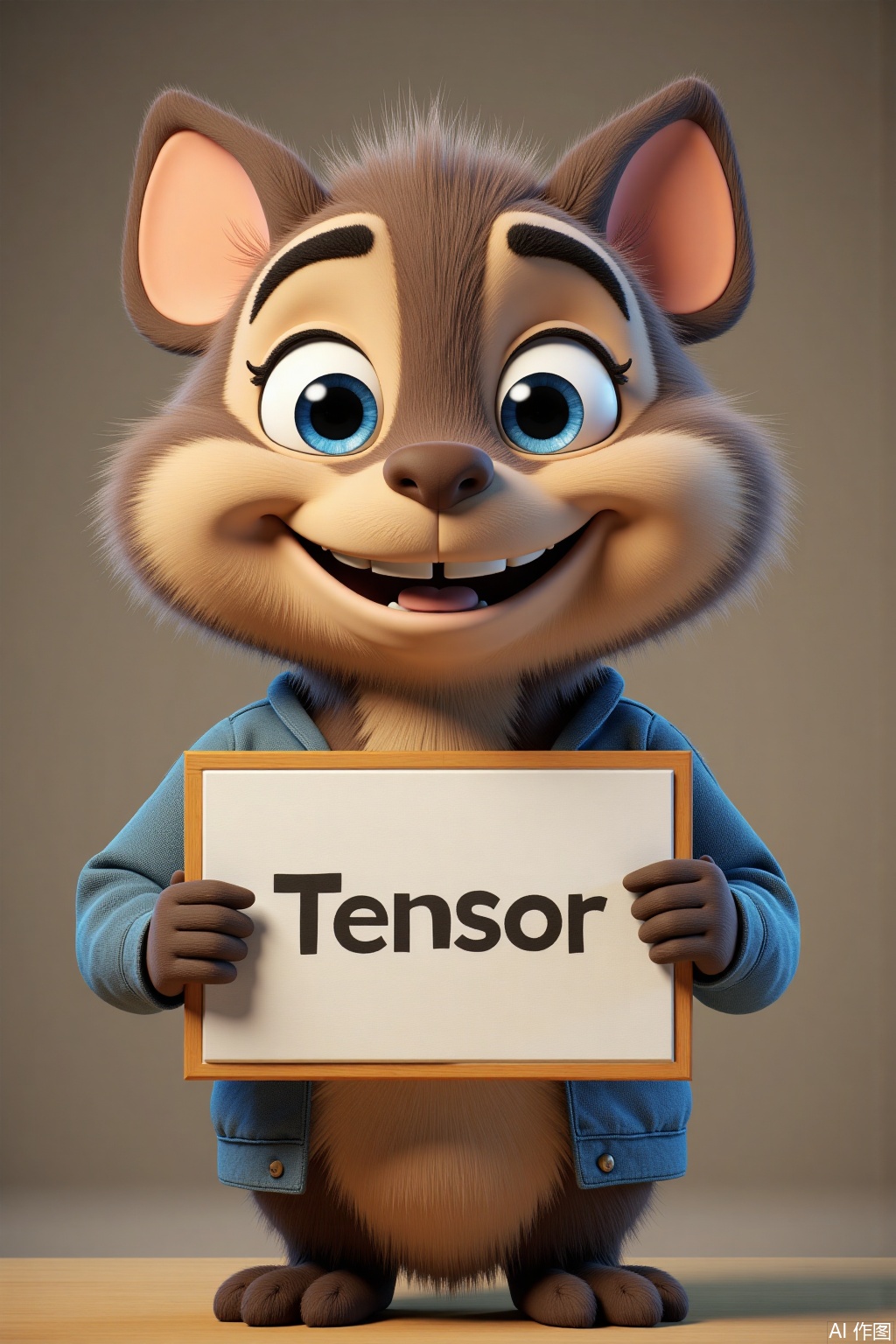 Ultra photoreal, Insane Details, 32K, Realistic, A cute animal holding a sign in her hand with the content saying "Tensor"