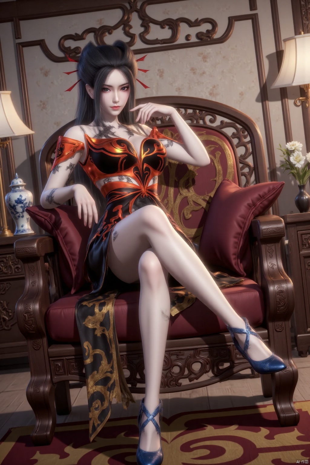 1 girl
solo
Long hair
breast
Watching the audience
Tall guy
Long legs 
Black hair
Hair accessories
Red and black dress
There are exquisite embroidery patterns on the clothing
sit
whole body
Spacious and luxurious living room
high-heeled shoes
Blue and white porcelain is placed on the table
chair
Chinese clothing
Chinese style furniture
Chinese clothing
Blue shoes
vase
Armchair