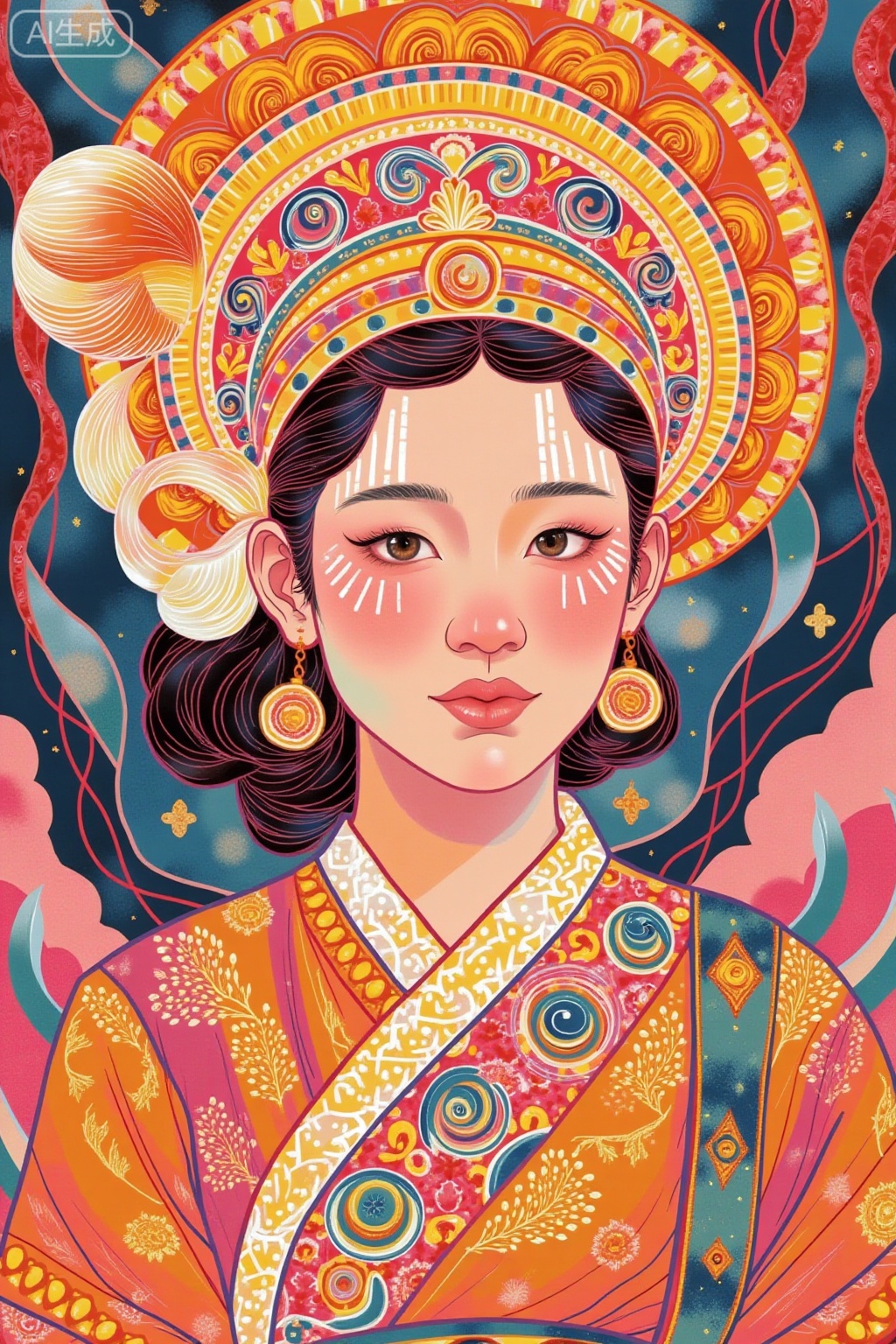 This painting depicts a person dressed in exquisite traditional clothing, full of vitality and color. This person is wearing a headpiece decorated with complex patterns and bright colors, including orange, yellow and pink. The headdress is characterized by its circular and oval designs, as well as a large feather-like decoration. This person's face is adorned with striking makeup, including white lines and swirls, giving a sense of drama and art. The overall composition is rich in color and detail, emphasizing traditional and artistic elements