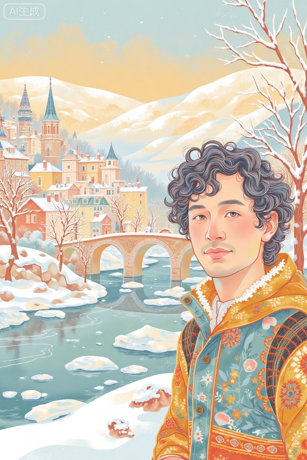 The image depicts a serene winter landscape with a man in the foreground. He has curly hair and is wearing a colorful jacket with intricate patterns. Behind him, there is a picturesque town with snow-covered buildings and a bridge spanning a river. The river is surrounded by snow-covered trees and a calm, reflective water surface dotted with ice floes. The background features rolling hills and mountains, also covered in snow, creating a peaceful and wintry atmosphere. The overall color palette is warm and muted, with shades of orange, yellow, and white dominating the scene.