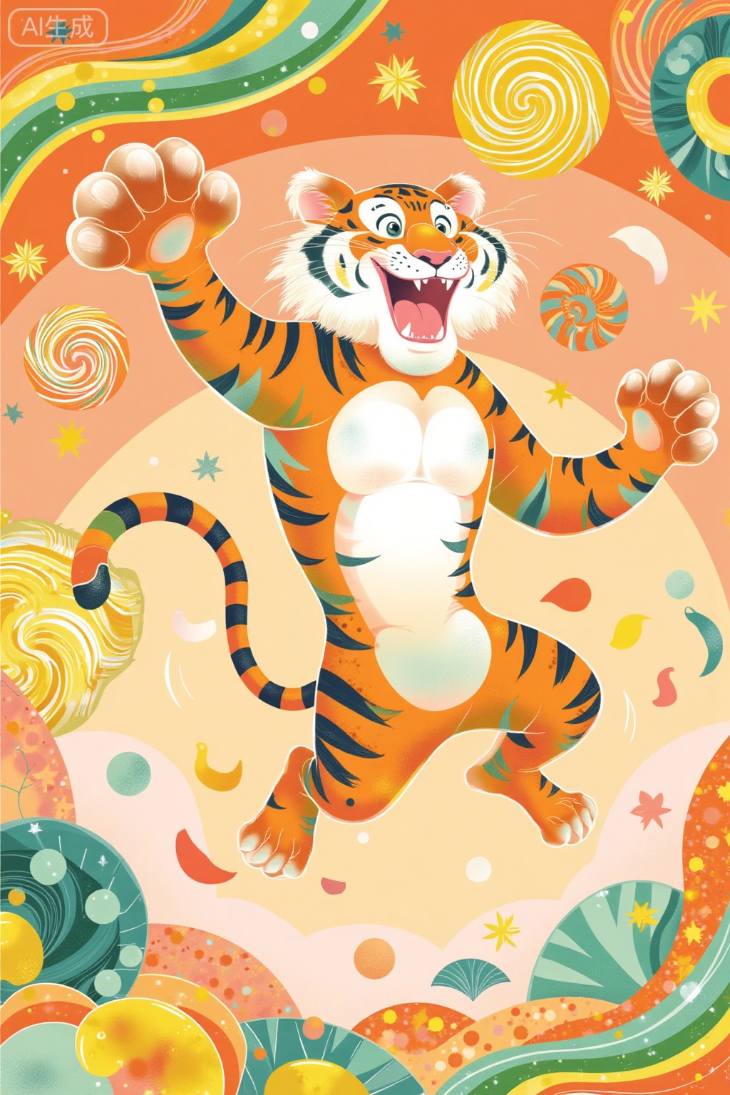 This picture is characterized by a vibrant and colorful illustration of a tiger, posing in a dynamic and interesting way. The tiger is in the middle of the jump, with its mouth open, showing a happy expression. Surrounded by vortex patterns and abstract shapes in green, yellow, orange and blue, it creates a lively and festive atmosphere. The background gradually changes from warm orange to light peach, enhancing the vivid colors of the tiger and the surrounding patterns. The overall design is festive.
