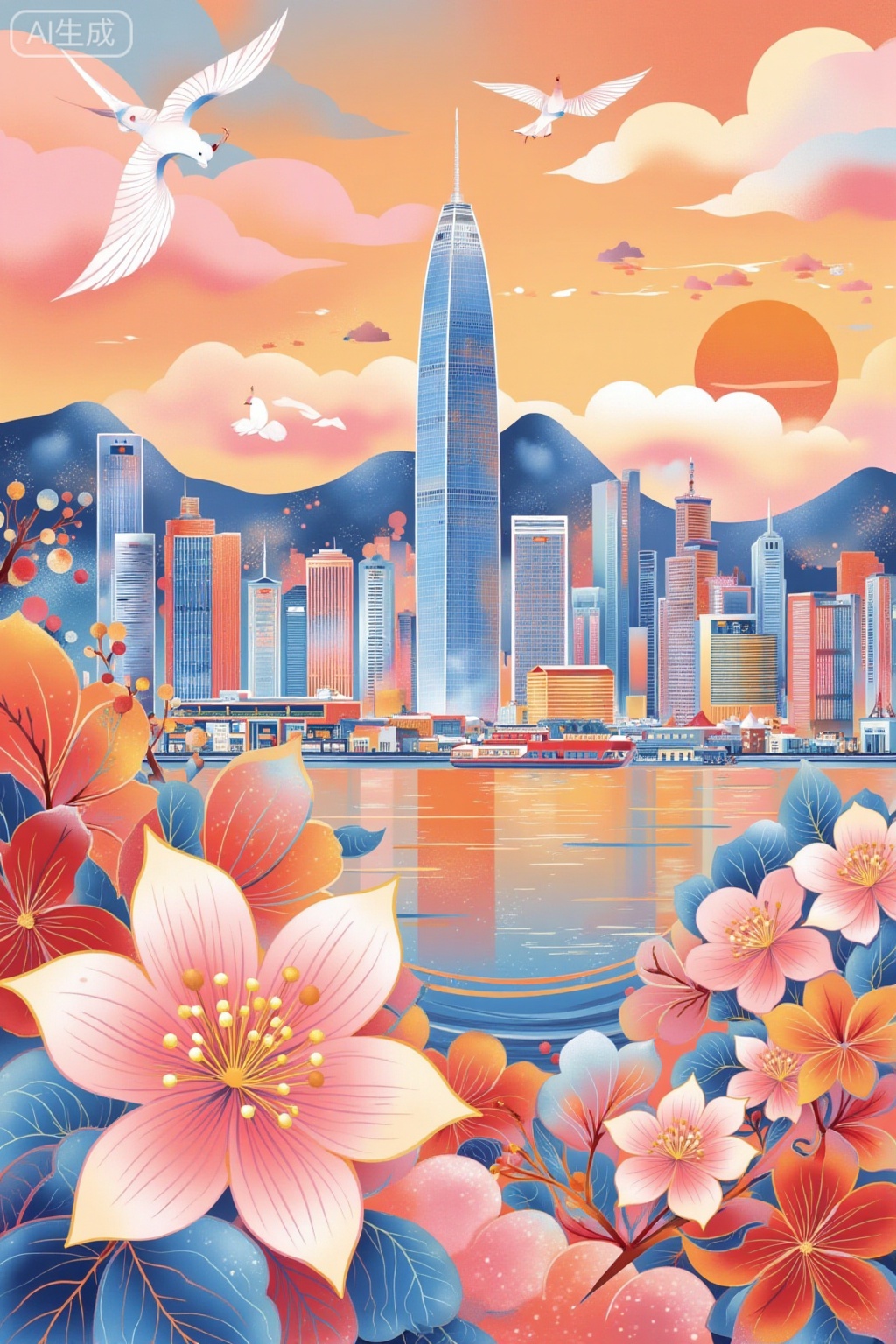 This picture depicts the vibrant and artistic skyline of Hong Kong on the 25th anniversary of its return to China. The skyline is dotted with modern skyscrapers, including a unique spire building, set against the backdrop of mountains and the sunset. In the foreground, there are stylized flowers with pink and blue petals, as well as two flying birds, adding a sense of movement and life to the scene. The entire color palette is warm, with tones of orange, pink and blue, creating a celebratory and serene atmosphere