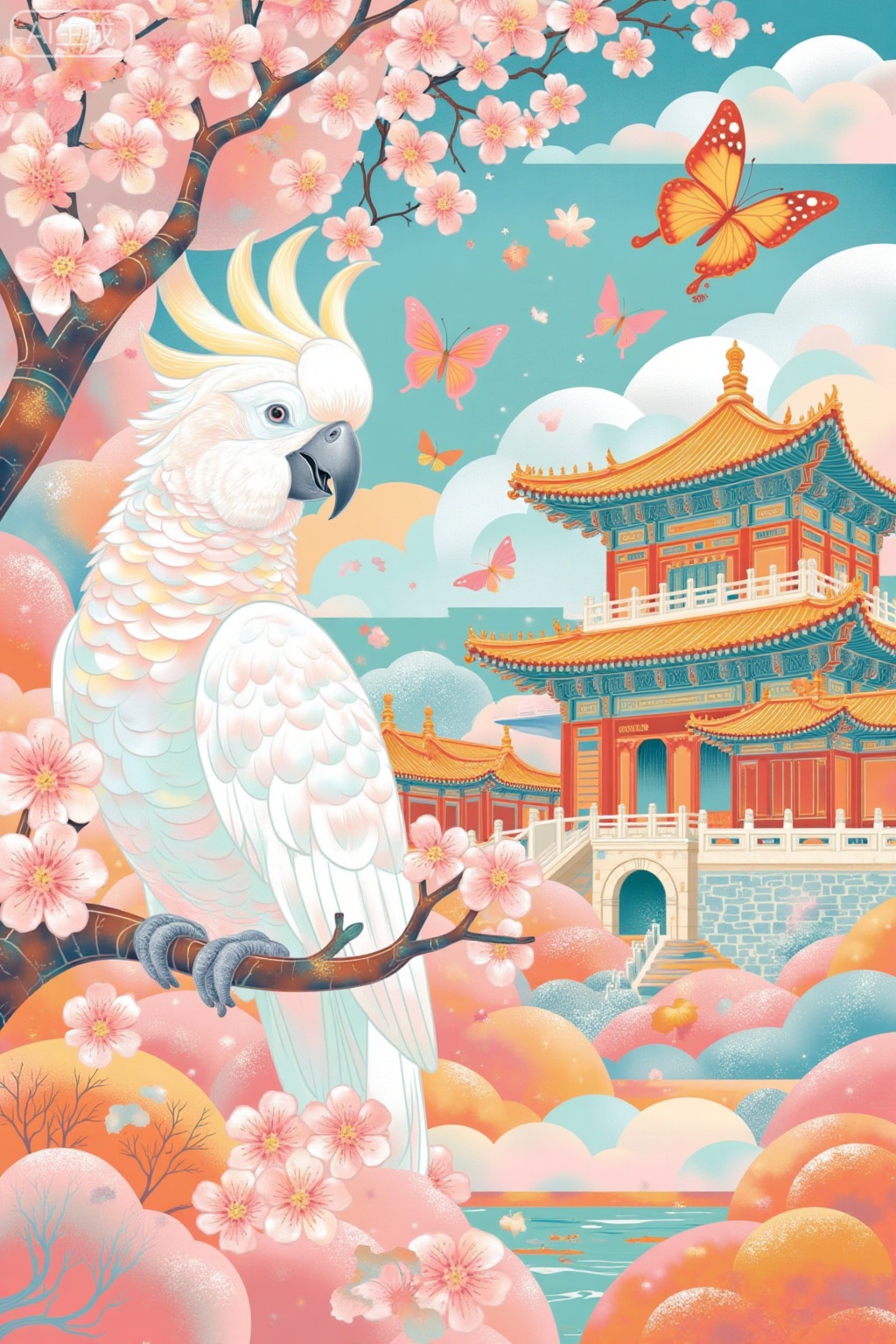 The image depicts a vibrant and artistic scene with a blend of traditional and modern elements. In the foreground, there is a large white parrot perched on a branch, surrounded by delicate pink and orange cherry blossoms. The blossoms are scattered throughout the scene, adding a touch of nature and beauty. The parrot's feathers are intricately detailed, showcasing a soft and fluffy texture.

In the background, there is a traditional East Asian architectural structure, likely a palace or temple, characterized by its ornate roof and intricate designs. The building is painted in shades of gold and blue, which contrast beautifully with the pink and orange hues of the cherry blossoms and the sky.

Additionally, there are stylized representations of butterflies and clouds, adding a sense of movement and whimsy to the composition. The butterflies are depicted in various stages of flight, contributing to the dynamic feel of the scene.

Overall, the image combines elements of nature, architecture, and art to create a harmonious and visually captivating scene.