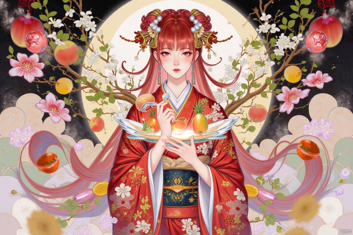 1girl, solo, long hair, looking at viewer, bangs, hair ornament, red eyes, long sleeves, holding, jewelry, closed mouth, standing, flower, red hair, earrings, food, japanese clothes, wide sleeves, kimono, fruit, branch, red kimono , (artist:quasarcake:0.8),extreme aesthetic, best quality,good quality,newest , very aesthetic,absurdres,Visual impact,Electromotive force, perspective composition, A shot with tension, ultra-high resolution,32K UHD,sharp focus,best quality,masterpiece,Emotionalization masterpiece, unconventional supreme,masterful details,with a high end texture,in the style of fashion photography, (Visual impact:1.2)
