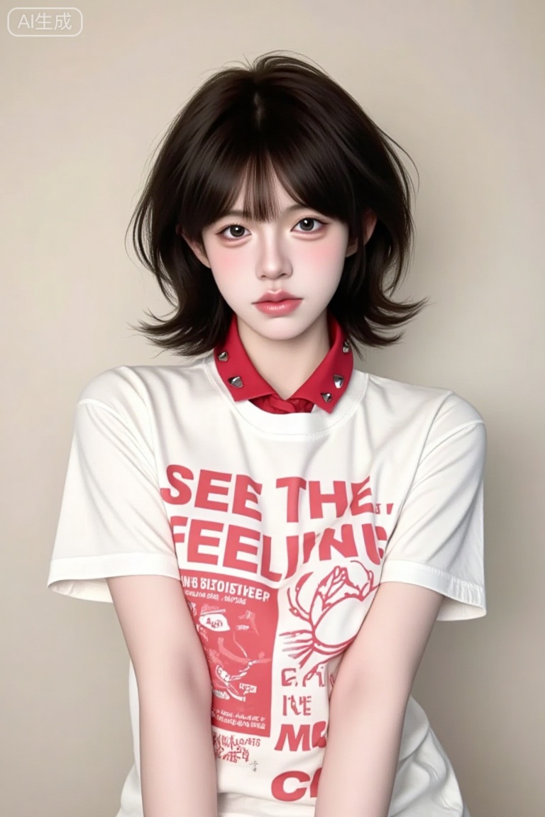 A person with short,  wavy,  dark hair stands confidently. They are wearing a white t-shirt with bold red text and graphic...