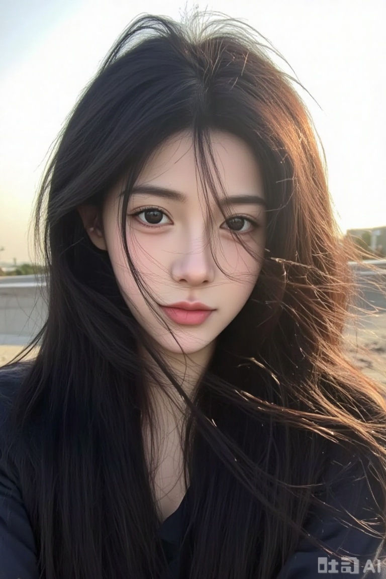 A person with long dark hair is blowing in the wind,  with strands partially covering their face. The background shows a b...