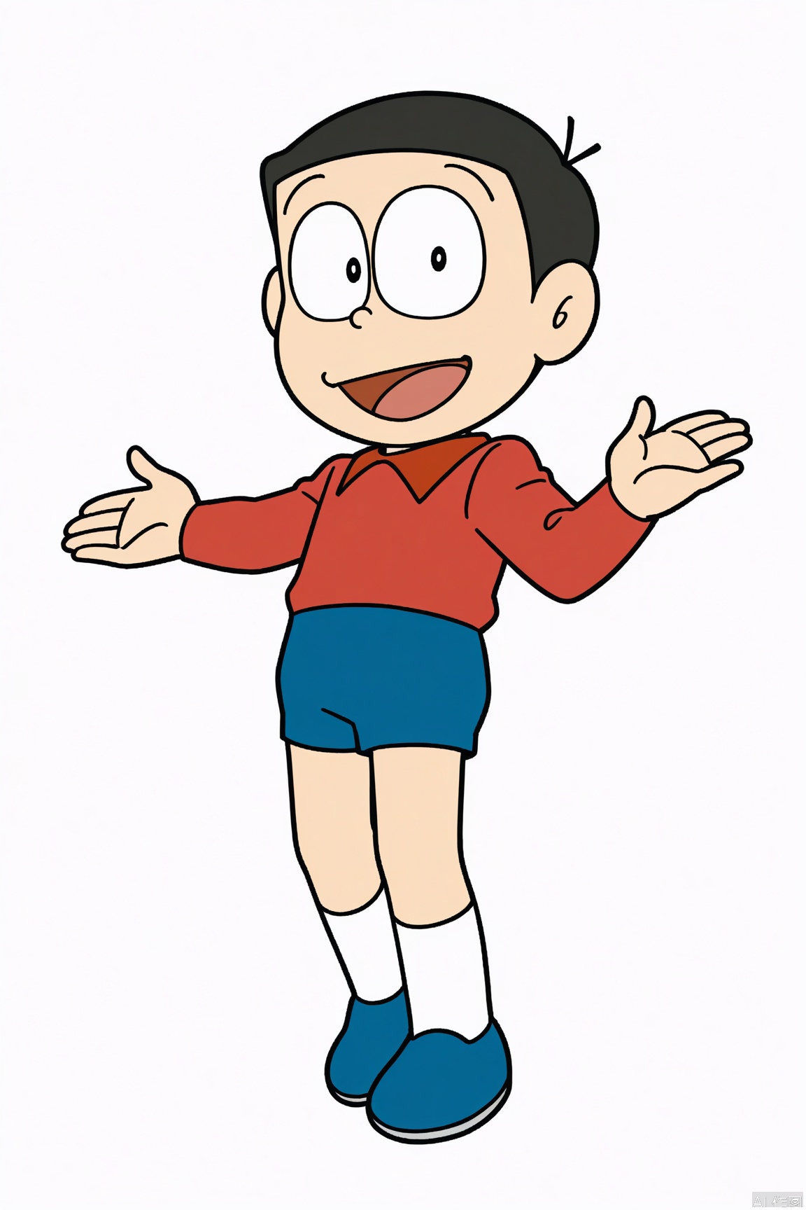 duolaameng,nobi_nobita,solo,red shirt, blue shorts, simple_background,white_background