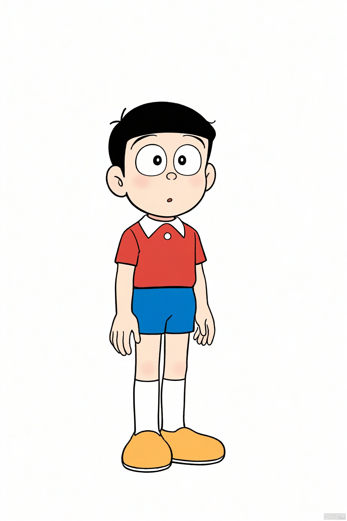 duolaameng,nobi_nobita,solo,red shirt, blue shorts, simple_background,white_background