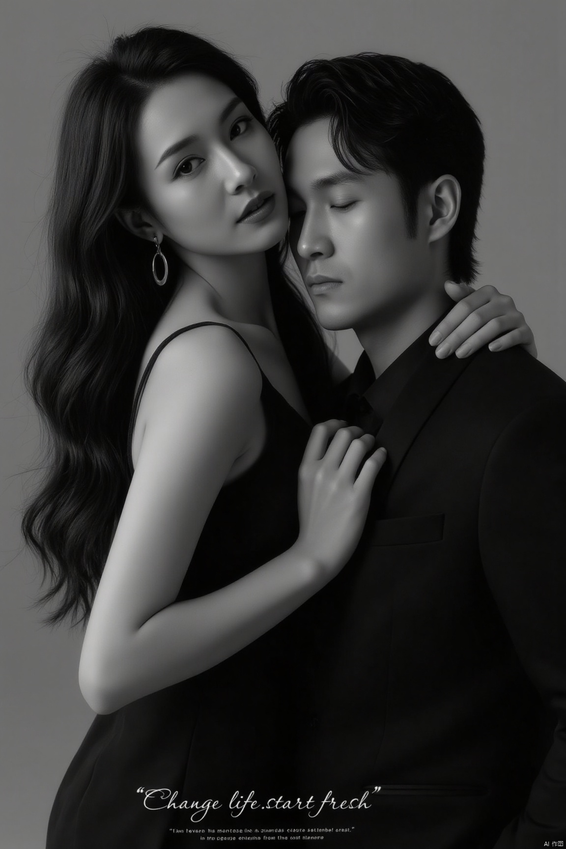 plcp,1man and 1woman,couple,realistic,hetero, This is a black - and - white fashion photography image with two figures, a man and a woman., The woman is wearing a black strapless evening gown. The design of the gown is simple, revealing her shoulders and part of her back, looking elegant and sexy. Her long hair falls naturally, and she is wearing a pair of round earrings, adding a touch of delicacy. One of her hands gently rests on the man's shoulder, with an intimate and natural posture., The man is wearing a black suit with a black shirt inside, and his overall look is simple and formal. His posture appears steady, with his head slightly lowered, corresponding to the woman's posture, creating a harmonious atmosphere., The background of the picture is a simple gray gradient, highlighting the main subjects. Below the picture, there is a text: “Change life.start fresh”, and some smaller English words,jzns