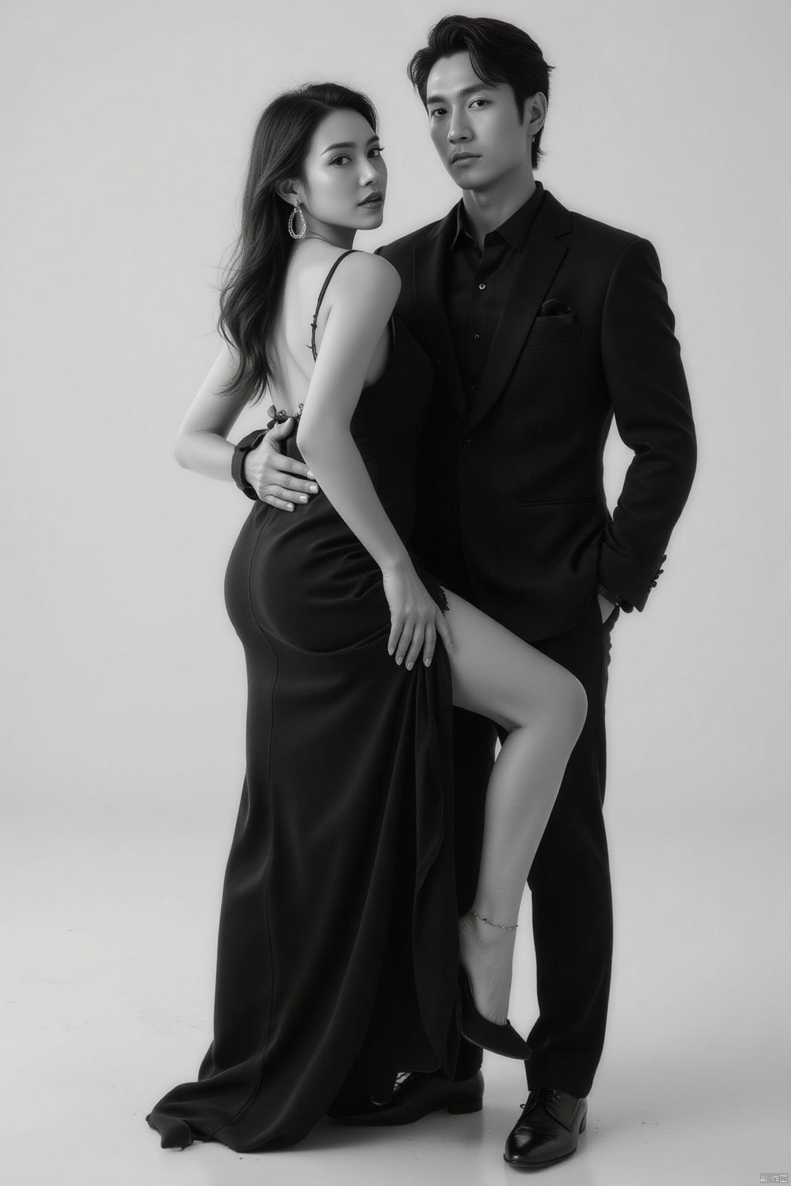 plcp,1man and 1woman,couple,realistic,hetero, This is a black - and - white fashion photography image, showing the elegant postures of a man and a woman., The woman is wearing a black evening dress with a unique design. Her back is bare, and the slit of the skirt reaches the middle of her thigh. She lifts one leg and rests it on the man, revealing a long and slender leg, and she is wearing a pair of high - heeled shoes. Her long hair falls naturally, and she is wearing a pair of round earrings, adding a touch of elegance., The man is wearing a black suit with a black shirt inside, and his overall look is simple and formal. His posture appears confident and calm, with one hand in his pocket and the other gently placed on the woman's waist, showing a gentlemanly demeanor.