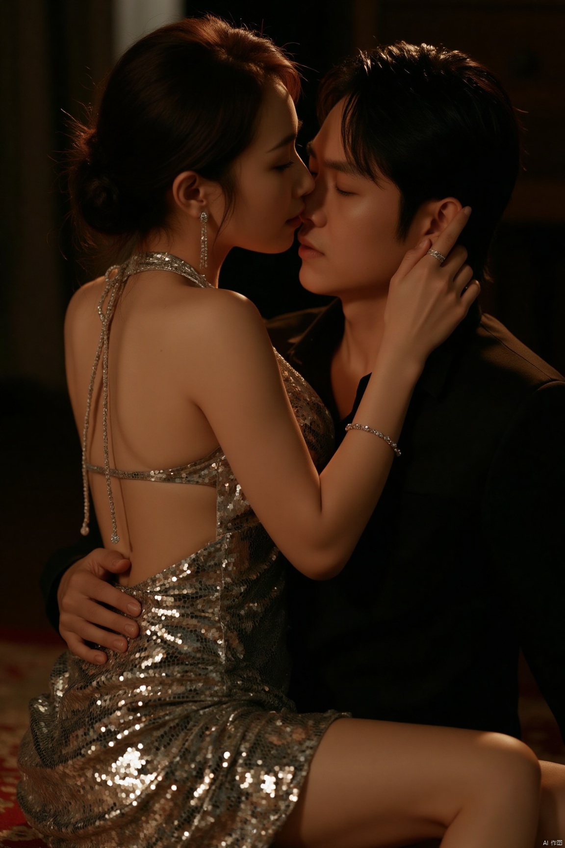 plcp,1man and 1woman,couple,realistic,hetero, This picture shows a scene of a couple interacting intimately. The woman is wearing a silver Mosaic dress with an open - back design, looking very sexy. Her hair is tied up, and she is wearing a pair of shiny earrings and a bracelet on her wrist, with an overall elegant and charming look. Her right hand is placed on the man's chest, with a gentle posture. The man is wearing black clothes, leaning sideways close to the woman, with his head slightly lowered, seemingly whispering to her. The background is rather dim, and the floor is covered with a patterned carpet, creating a romantic and private atmosphere.