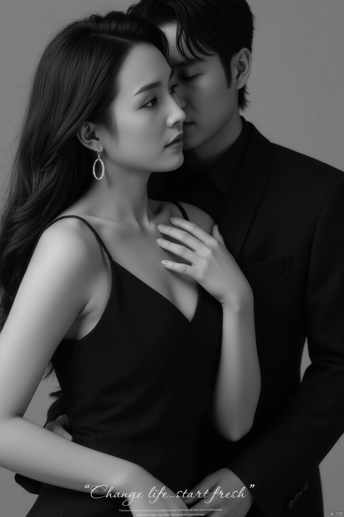 plcp,1man and 1woman,couple,realistic,hetero, This is a black - and - white fashion photography image with two figures, a man and a woman., The woman is wearing a black strapless evening gown. The design of the gown is simple, revealing her shoulders and part of her back, looking elegant and sexy. Her long hair falls naturally, and she is wearing a pair of round earrings, adding a touch of delicacy. One of her hands gently rests on the man's shoulder, with an intimate and natural posture., The man is wearing a black suit with a black shirt inside, and his overall look is simple and formal. His posture appears steady, with his head slightly lowered, corresponding to the woman's posture, creating a harmonious atmosphere., The background of the picture is a simple gray gradient, highlighting the main subjects. Below the picture, there is a text: “Change life.start fresh”, and some smaller English words,jzns
