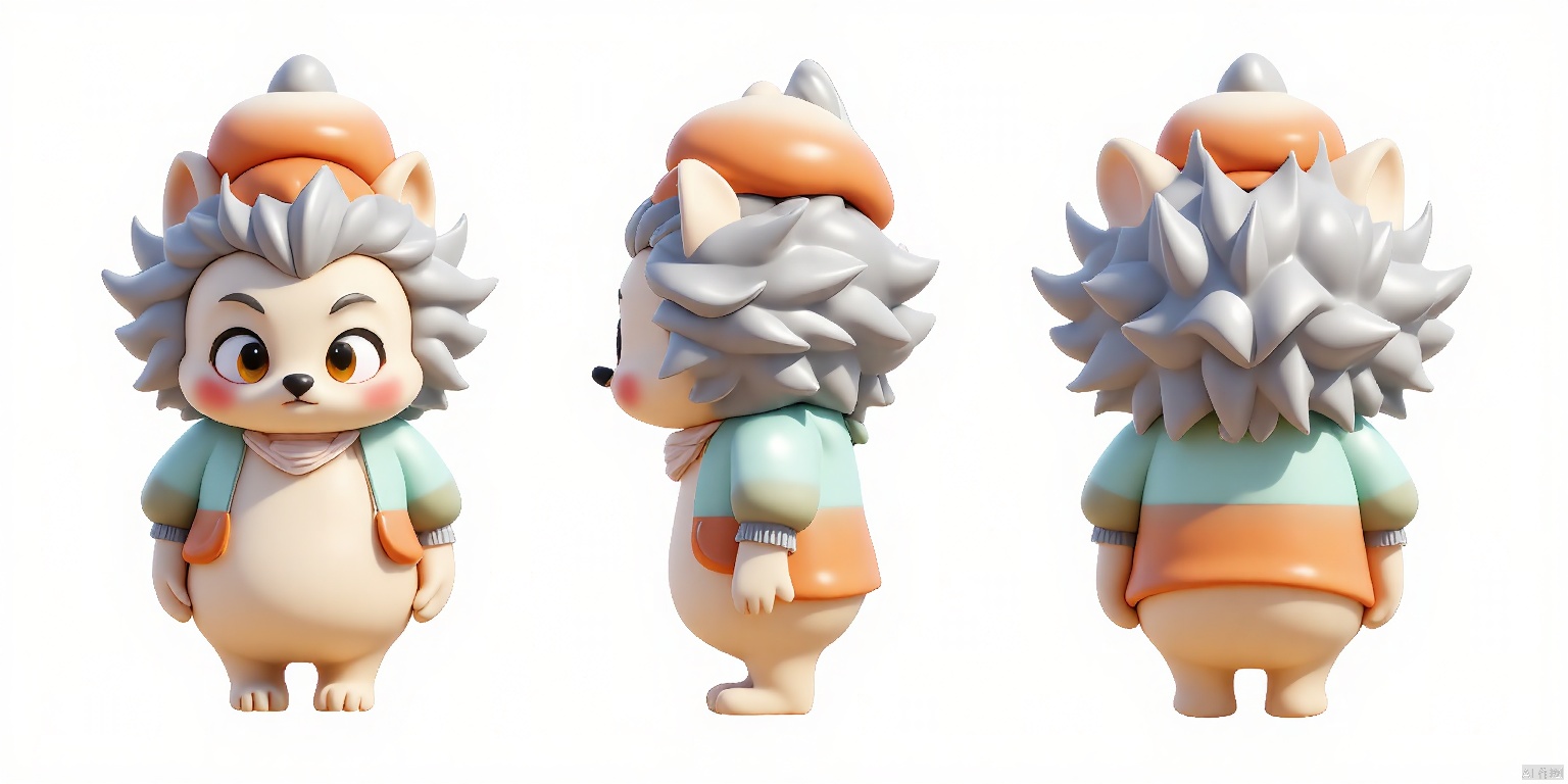 SST, ip design, is presented from three perspectives: front, back and side. The background is pure white.
A mischievous cartoon hedgehog with spines that shimmer in a metallic silver, eyes gleaming like topaz, and a belly that's a creamy beige. The hedgehog has tiny, curious eyes and a pointed snout. It's clad in a cozy, striped sweater in shades of teal and orange, and a tiny, matching beret.