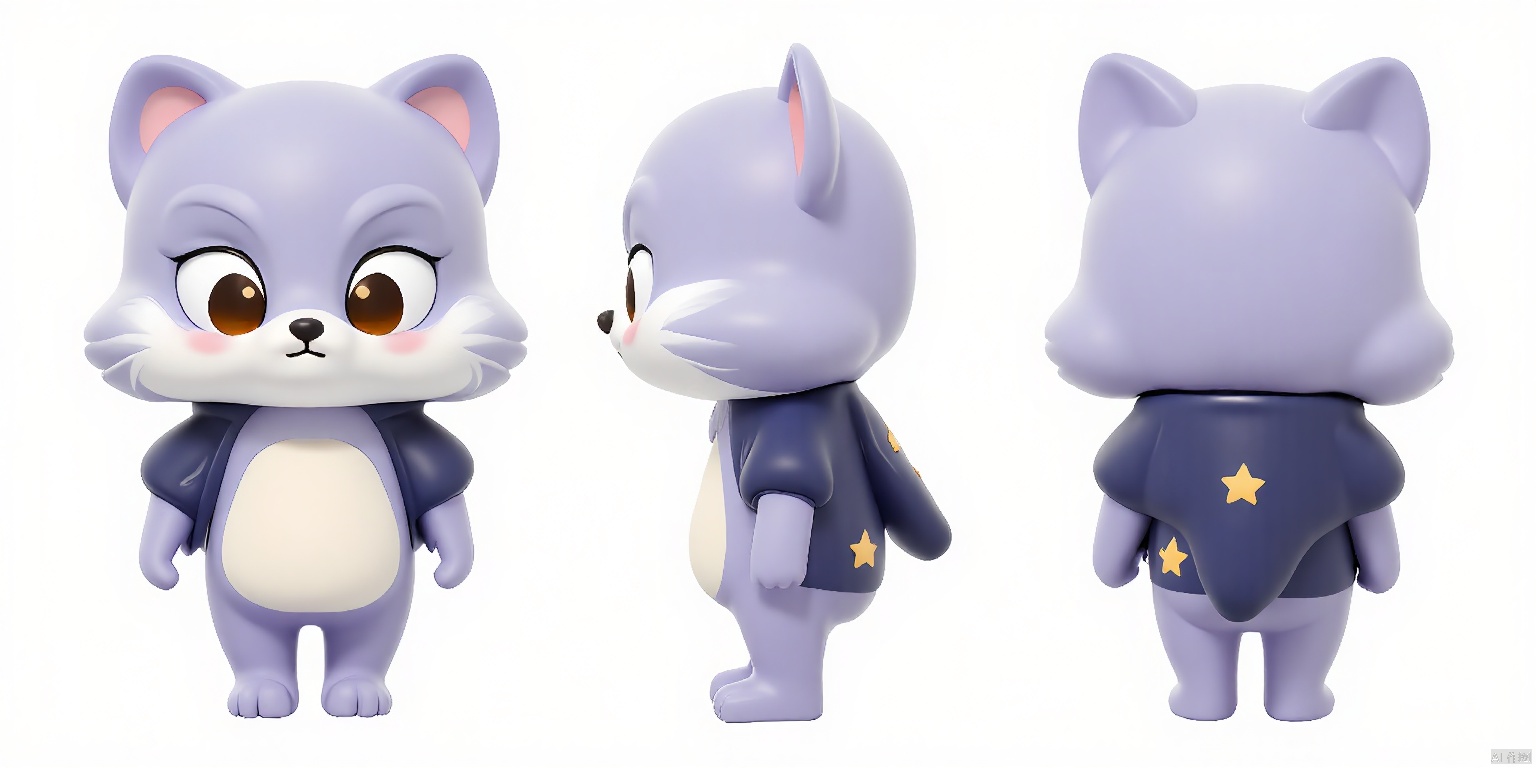 SST, ip design, is presented from three perspectives: front, back and side. The background is pure white.
A quirky cartoon raccoon with fur dyed in a soft lavender shade, eyes twinkling in amber hues, and a belly marked with creamy white patches. The raccoon boasts wide, expressive eyes and pointy, fur-lined ears. It wears a cozy, navy blue hoodie adorned with yellow stars, and a matching cap with ear flaps.

