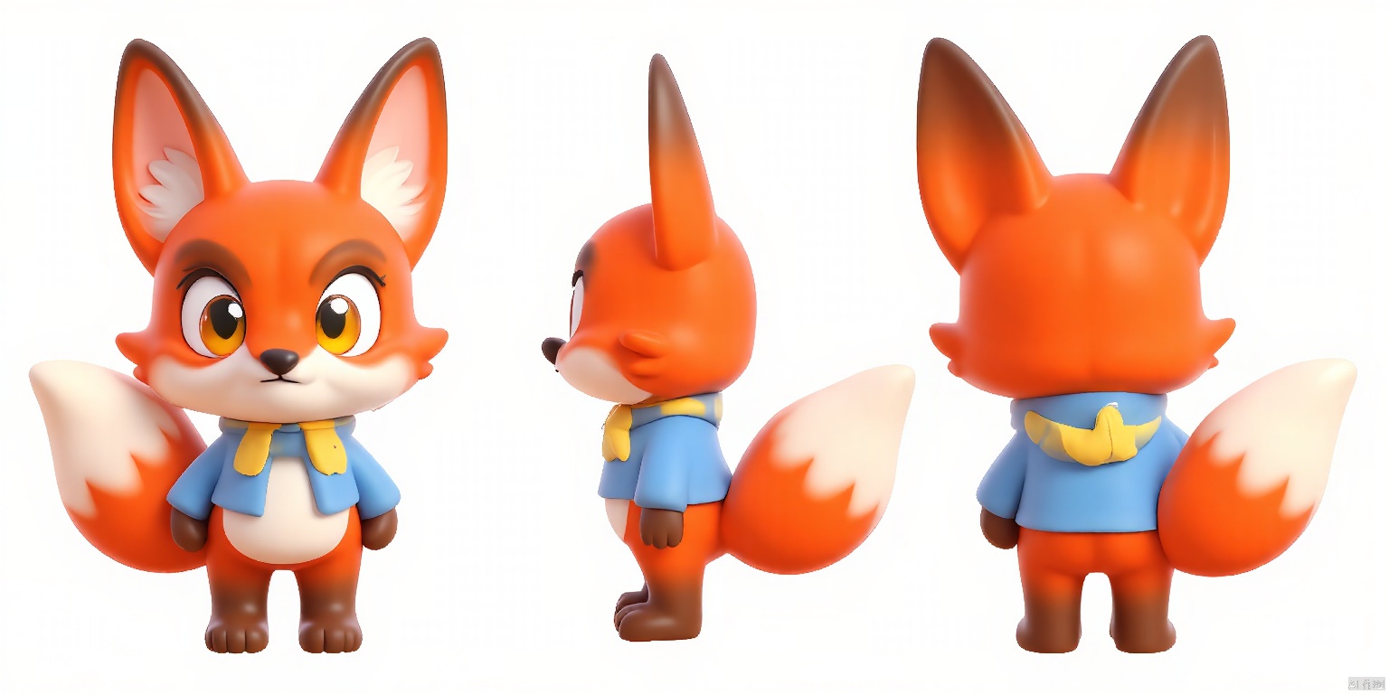 SST, ip design, is presented from three perspectives: front, back and side. The background is pure white.
A mischievous cartoon fox with fur that's a rich, red-orange hue, eyes that gleam like gold, and a tail that's bushy and white-tipped. The fox has sharp, alert eyes and pointy ears. It wears a stylish, striped scarf in shades of blue and yellow, and a cozy, matching sweater.