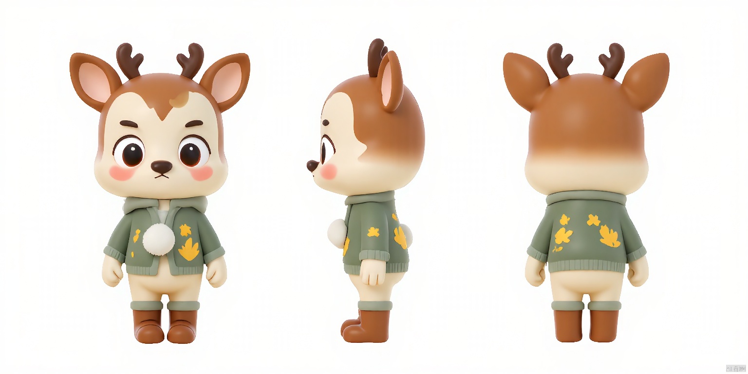 SST, ip design, is presented from three perspectives: front, back and side. The background is pure white.
A charming cartoon deer with fur that's a soft, creamy brown, eyes that shine like rubies, and spots that are a darker shade of brown. The deer has large, gentle eyes and delicate, twitching ears. It's dressed in a cozy, green sweater with yellow leaves, and a pair of brown boots with pom-poms.