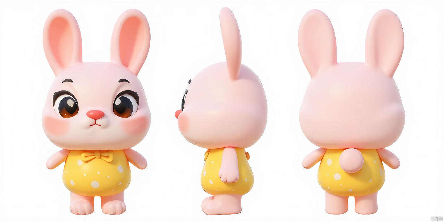 SST, ip design, is presented from three perspectives: front, back and side. The background is pure white.
A whimsical cartoon bunny with fur that glows in a pastel pink hue, eyes sparkling like emeralds, and a nose that twinkles in a shade of coral. The bunny sports large, curious eyes and fluffy, perked-up ears. It's dressed in a cheerful yellow dress with polka dots, and a pair of white sneakers with bow ties.
