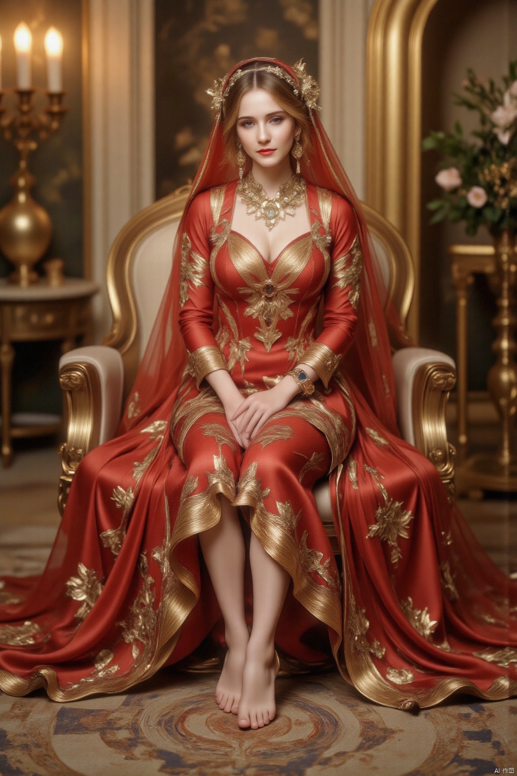 In a warm, golden light, an ancient bride sits demurely in a newlywed room, knees to breast, red bridal attire and lifted headscarf exuding elegance. Her shy expression is captivating as she conceals her hands behind her back, fingers invisible. Bare feet peek out from beneath the hem of her gown, soles delicately framed against the floor. The camera's focus on her feet creates a striking foreshortening effect, drawing the viewer's attention to the subtle play of light and shadow on her toes. (8k, RAW photo)