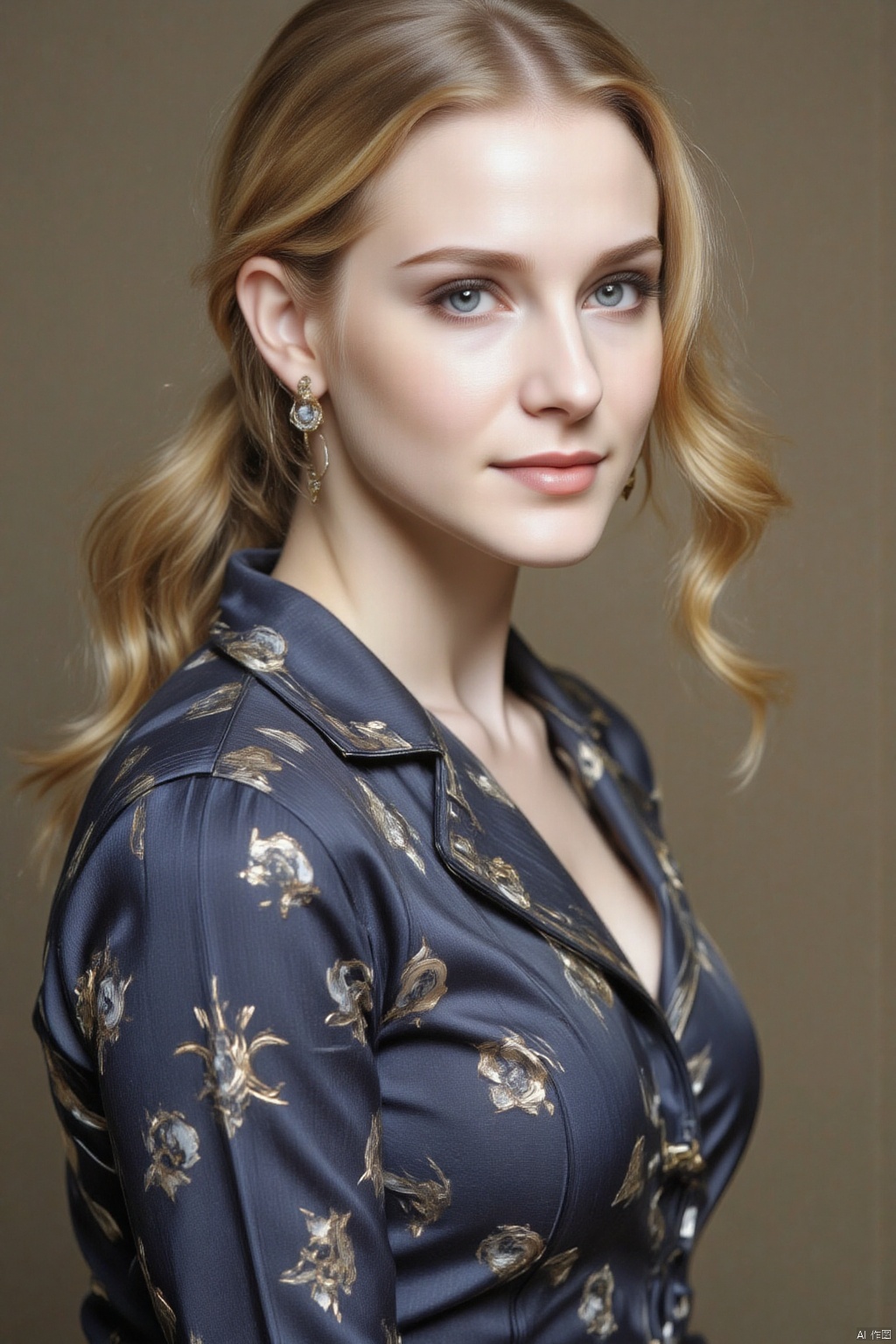 Dolores Abernathy is wearing a blue skirt and Ear cuff. Her hair is usually golden, often combed into a low ponytail or spread out naturally. She has lake blue eyes and flawless white skin, giving people a pure feeling. When she was loading a saddle bag, she accidentally dropped a can of milk.