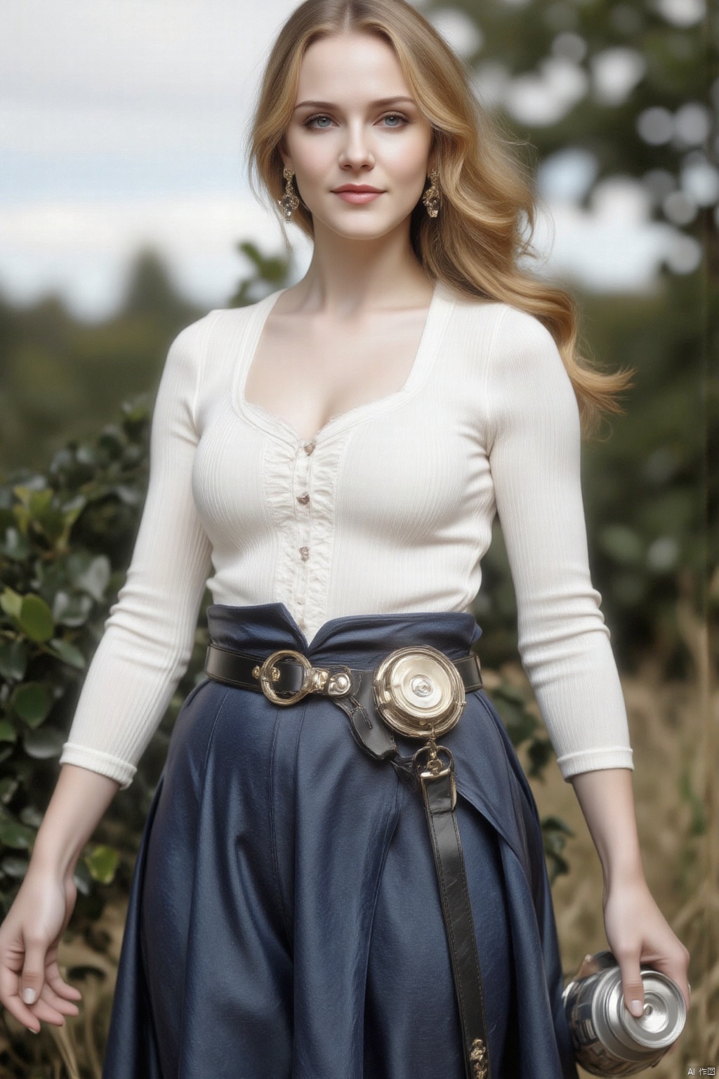 Dolores Abernathy is wearing a blue skirt and Ear cuff. Her hair is usually golden, often combed into a low ponytail or spread out naturally. She has lake blue eyes and flawless white skin, giving people a pure feeling. When she was loading a saddle bag, she accidentally dropped a can of milk.